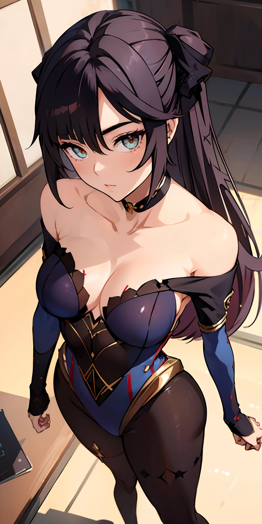 龙珠人造人18号, masterpiece, best quality, ultra-detailed, illustration,(1girl),beautiful detailed eyes, looking at viewer, close up, (breast focus), (arms behind back:1.2), (from above:1.1), pink hair, huge breasts, (breasts out:1.3), (off shoulder:1.1), lace underwear, random pantyhose, brown hair, red eyes, golden eyes, black hair, black pantyhose.