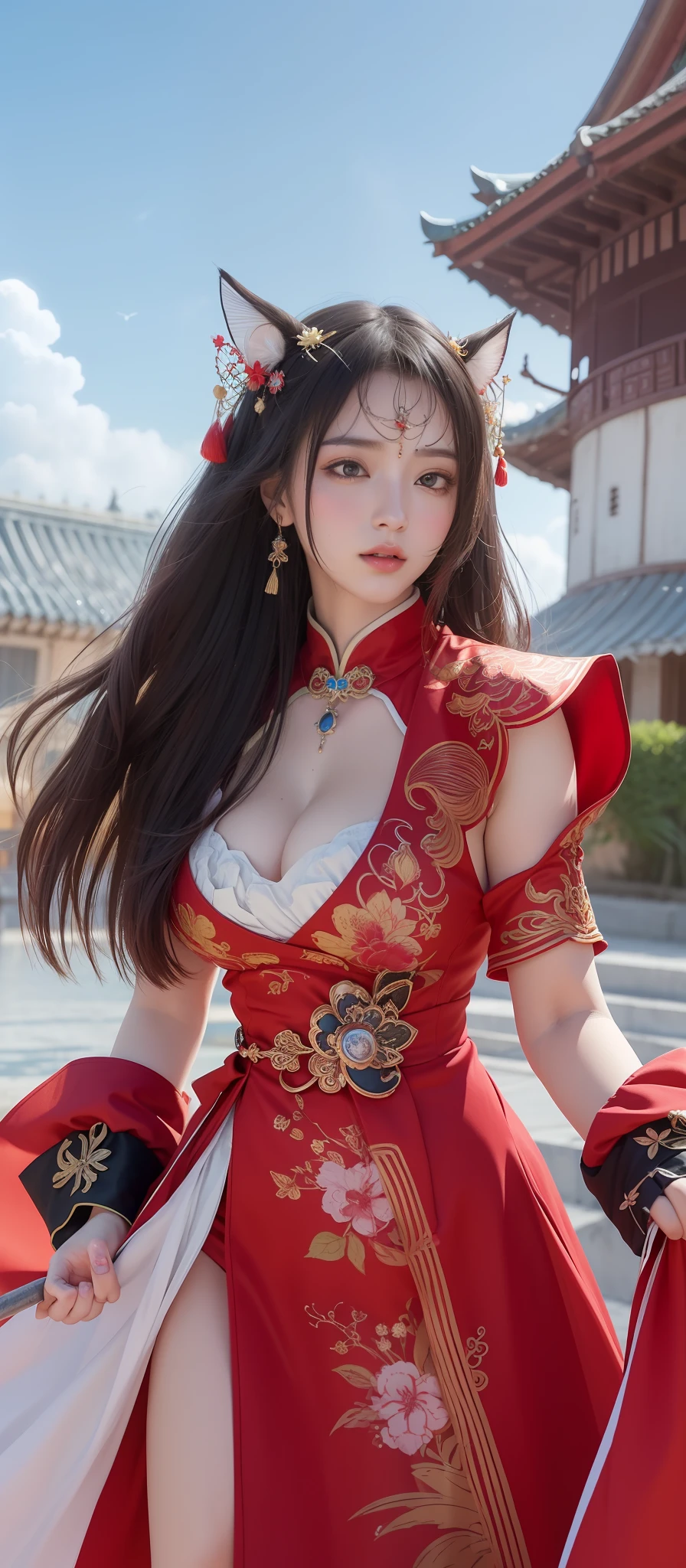 (8k, RAW photo:1.2),best quality, ultra high res,dramatic angle,(fluttered detailed color splashs), (illustration),(((1 girl))),(long hair),(rain:0.9),(hair ornament:1.4),there is an ancient palace beside the girl,chinese clothes,(focus on), color Ink wash painting,(color splashing),colorful splashing,(((colorful))),(sketch:0.8), Masterpiece,best quality, beautifully painted,highly detailed,(denoising:0.6),[splash ink],((ink refraction)), (beautiful detailed sky),moon,highly,detaild,(masterpiece, best quality, extremely detailed CG unity 8k wallpaper,masterpiece, best quality, ultra-detailed),(Lycoris radiata),gigantic breasts