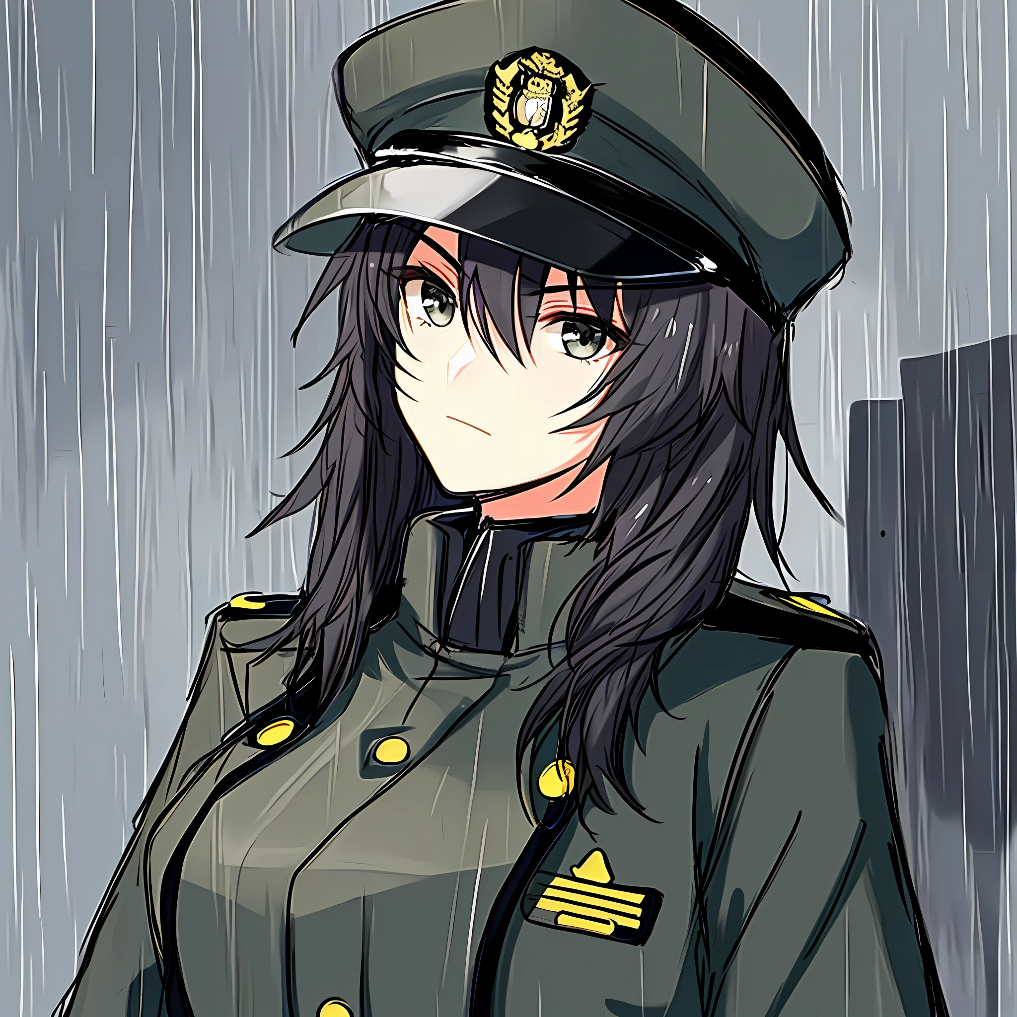 Female officer, side face, black coat, military cap, serious, rainy, cold, black hair