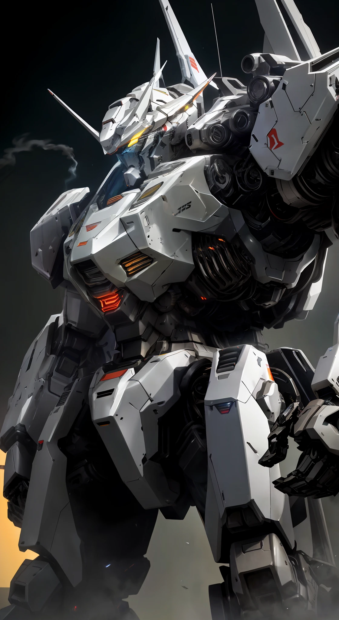 Large mecha robot, armor core style, smoky close-up, cool body details, modern mecha style, transformer wind, mecha art sense, large mecha robotic arms and twisting mechanisms, metallic texture and neon lights to create a symbolic atmosphere,