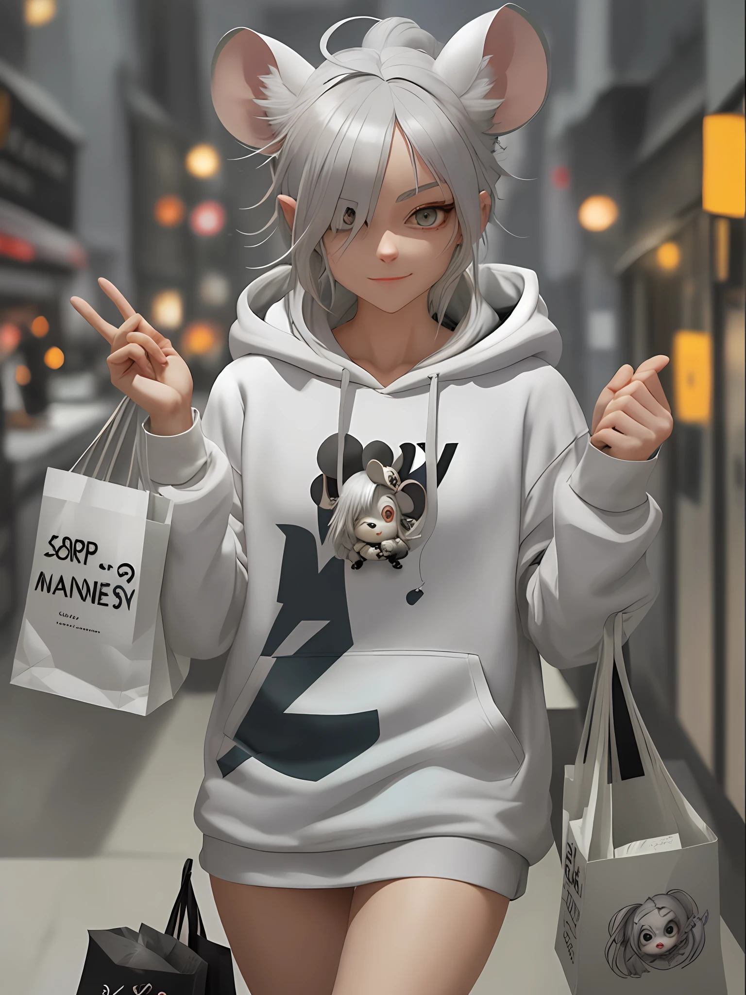 Silver hair, hair more than one eye, mouse lady, white hoodie, cute, cute smile, laid back, short double tail, hairpin, raised eyebrows, mouse ears, night, commercial street, holding shopping bag, 8k, super detail, super detail, textured skin, anatomically correct, high quality, masterpiece, ccurate, UHD