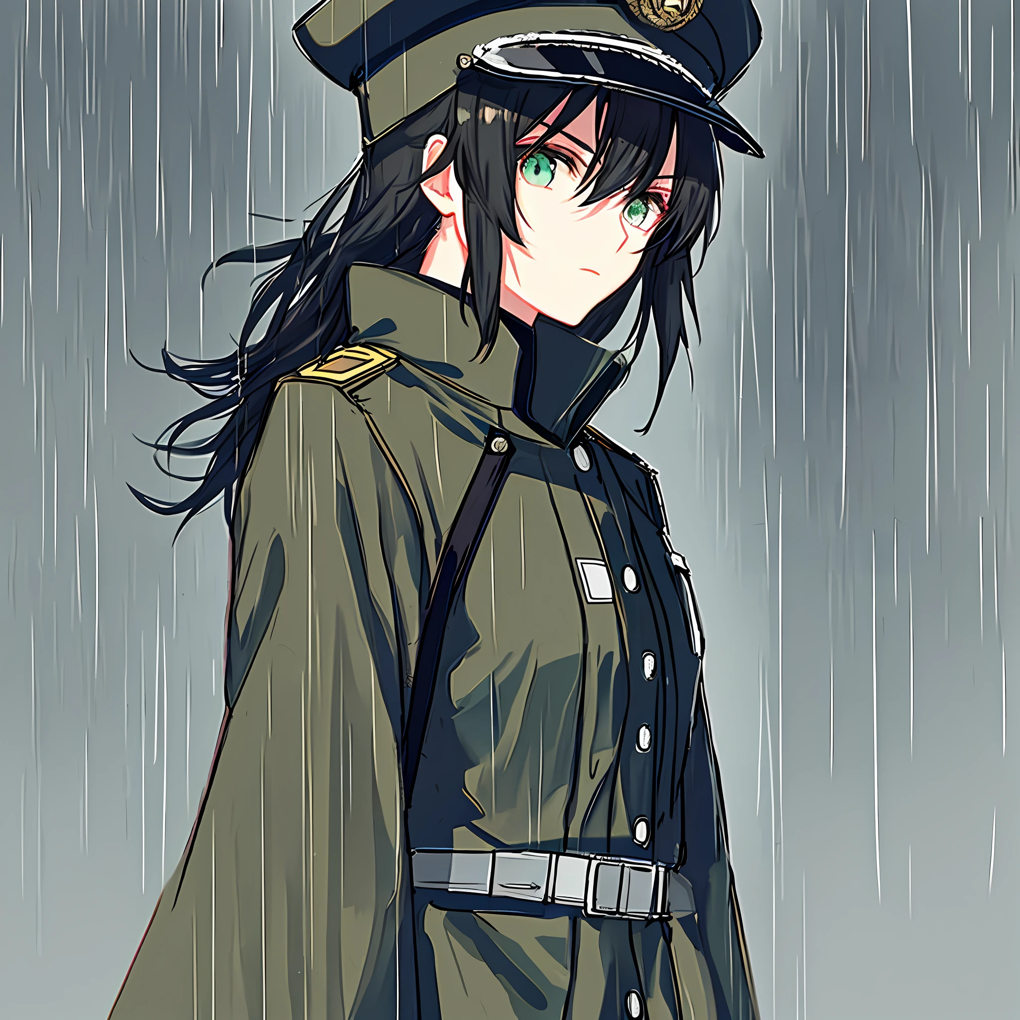 Female officer, side face, black coat, military cap, serious, rainy, cold, black hair