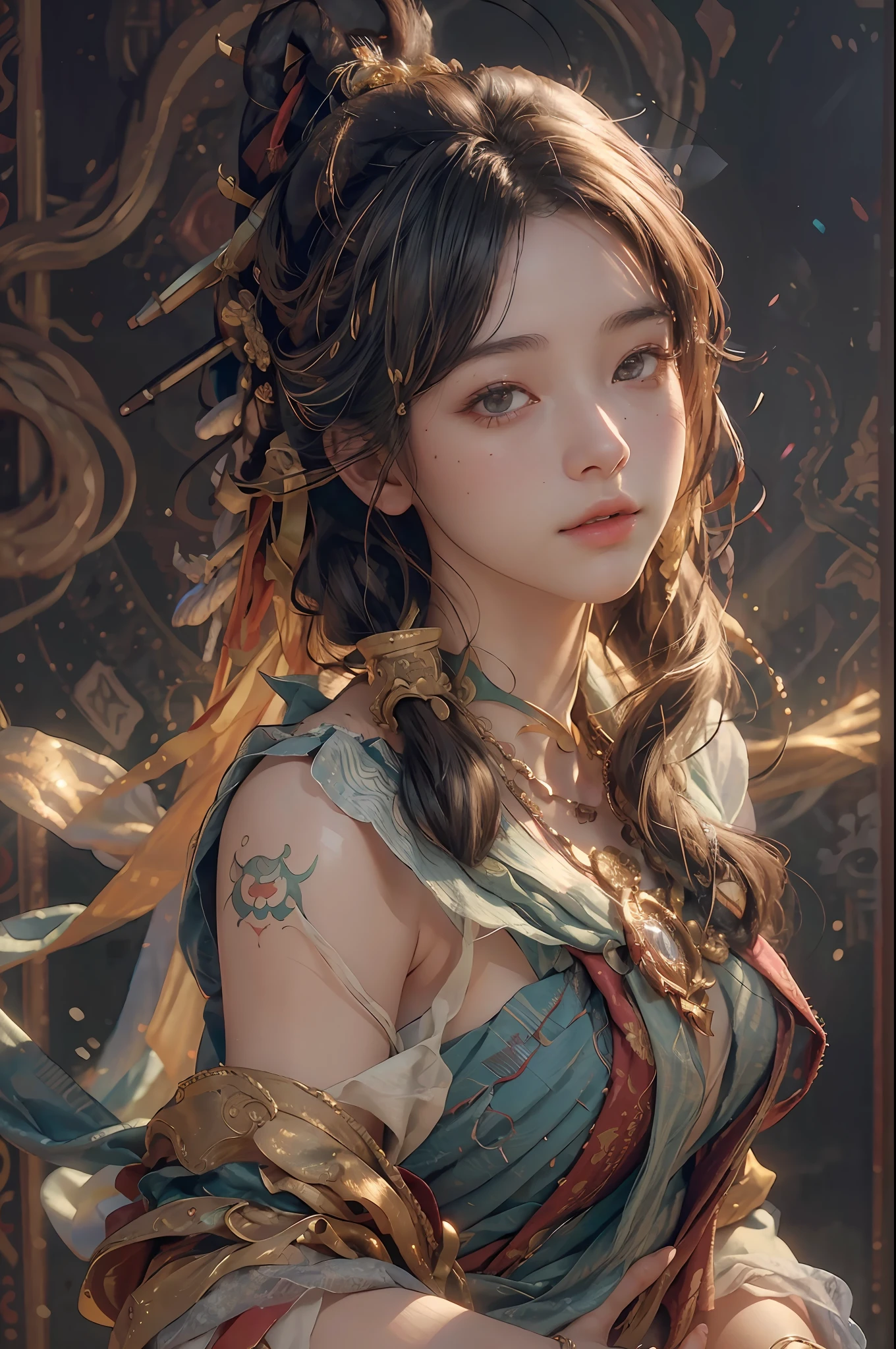 (RAW photo, best quality), (realistic, photo-realistic:1.3),best quality,highly detailed,masterpiece,ultra-detailed,illustration,1girl,upper_body,dynamic angle,world masterpiece theater,messy_long_hair,best quality,extremely detailed CG unity 8k wallpaper,ink,Amazing,cinematic lighting,lens_flare, dunhuang_style