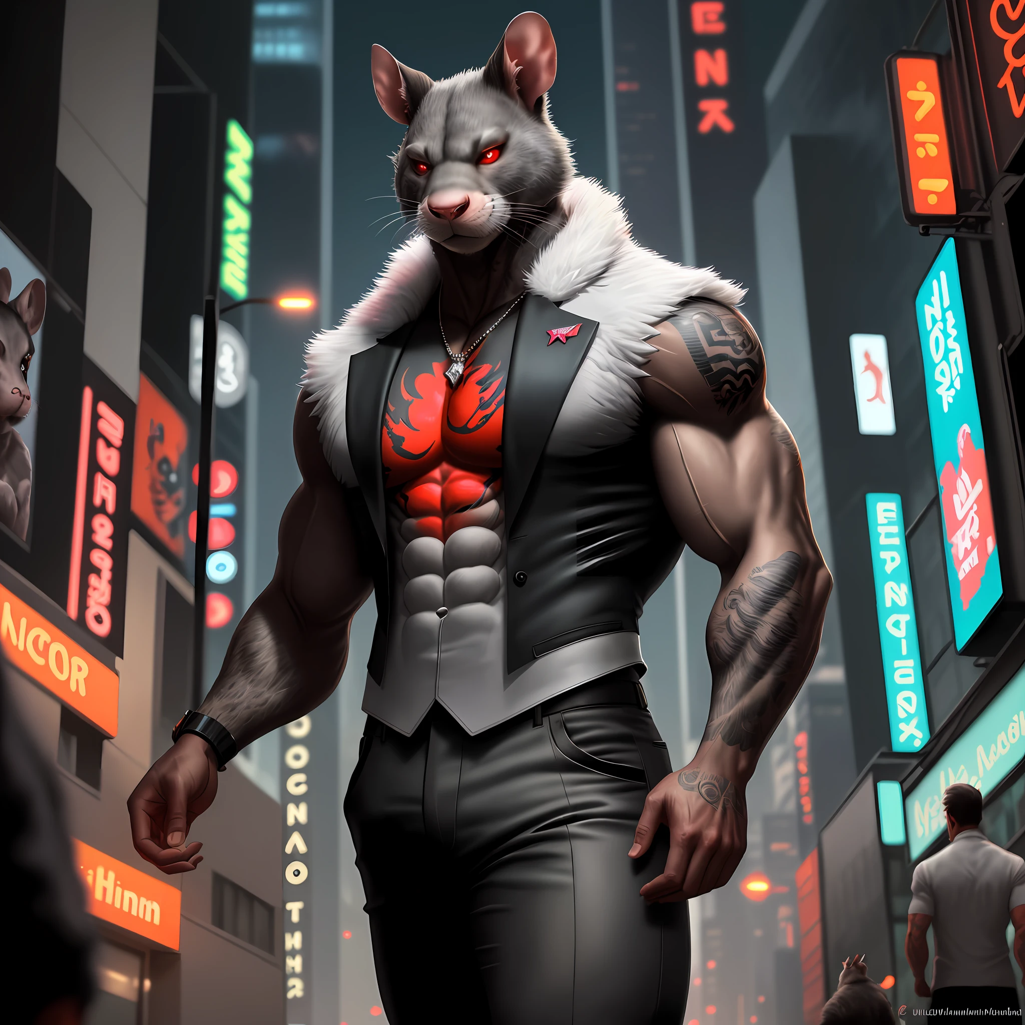 ((best quality)), ((ultradetailed)), ((masterpiece)), illustration, Scene structure: Animal anthropomorphic rats as poppers, gray rat faces and human bodies. The fur is black, his eyes are blood-red, his expression is fierce, he is muscular and wears a white suit. Behind you are tall buildings and neon flashes. Tip composition: rat gangster, animal anthropomorphism, tattooed body, muscular, cityscape, tall buildings, neon signs