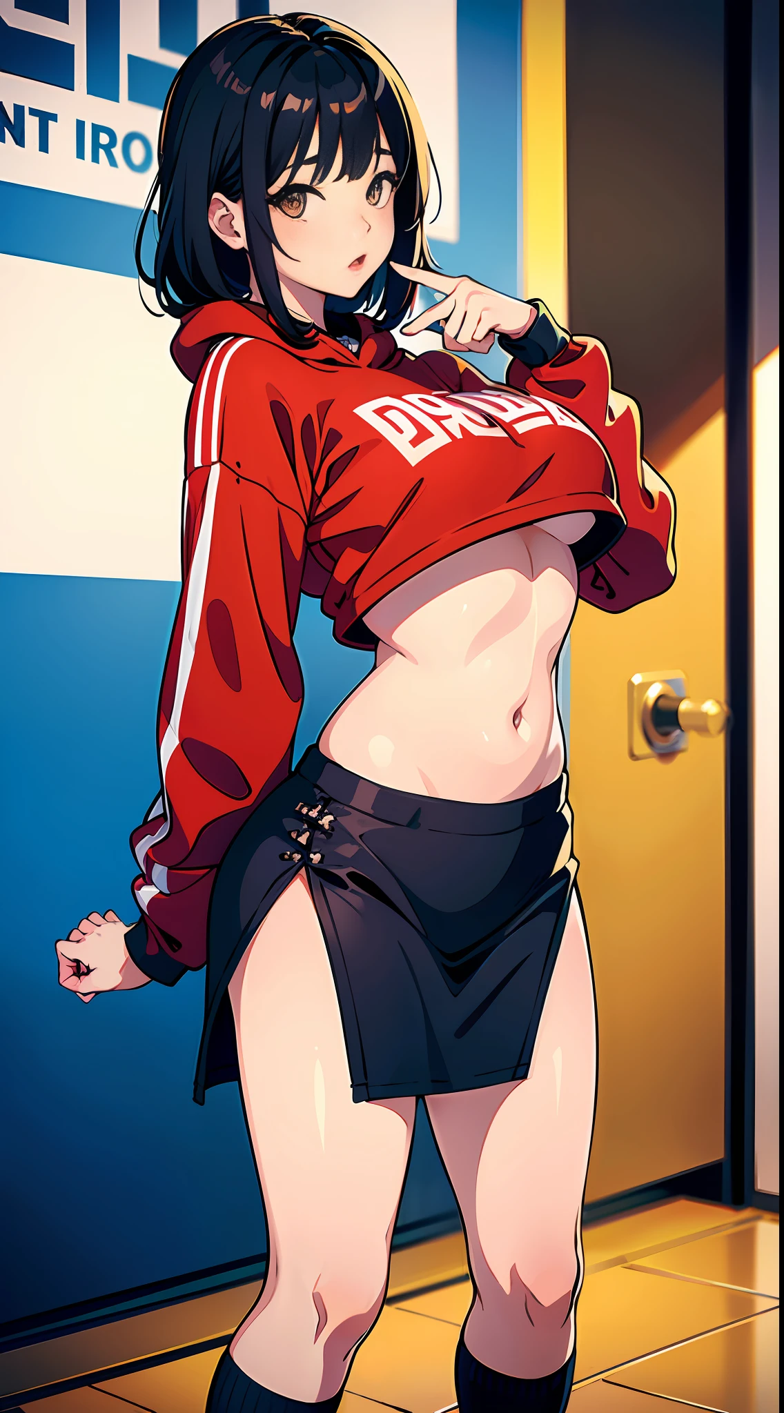 girl, large sweatshirt, advertising image, korean female fashion model, satin, looks realistic, pop, funny outfit, sexy girl, beautiful, edgy, no panties, no pubic hair, big breasts fat buttocks, black knee-length socks