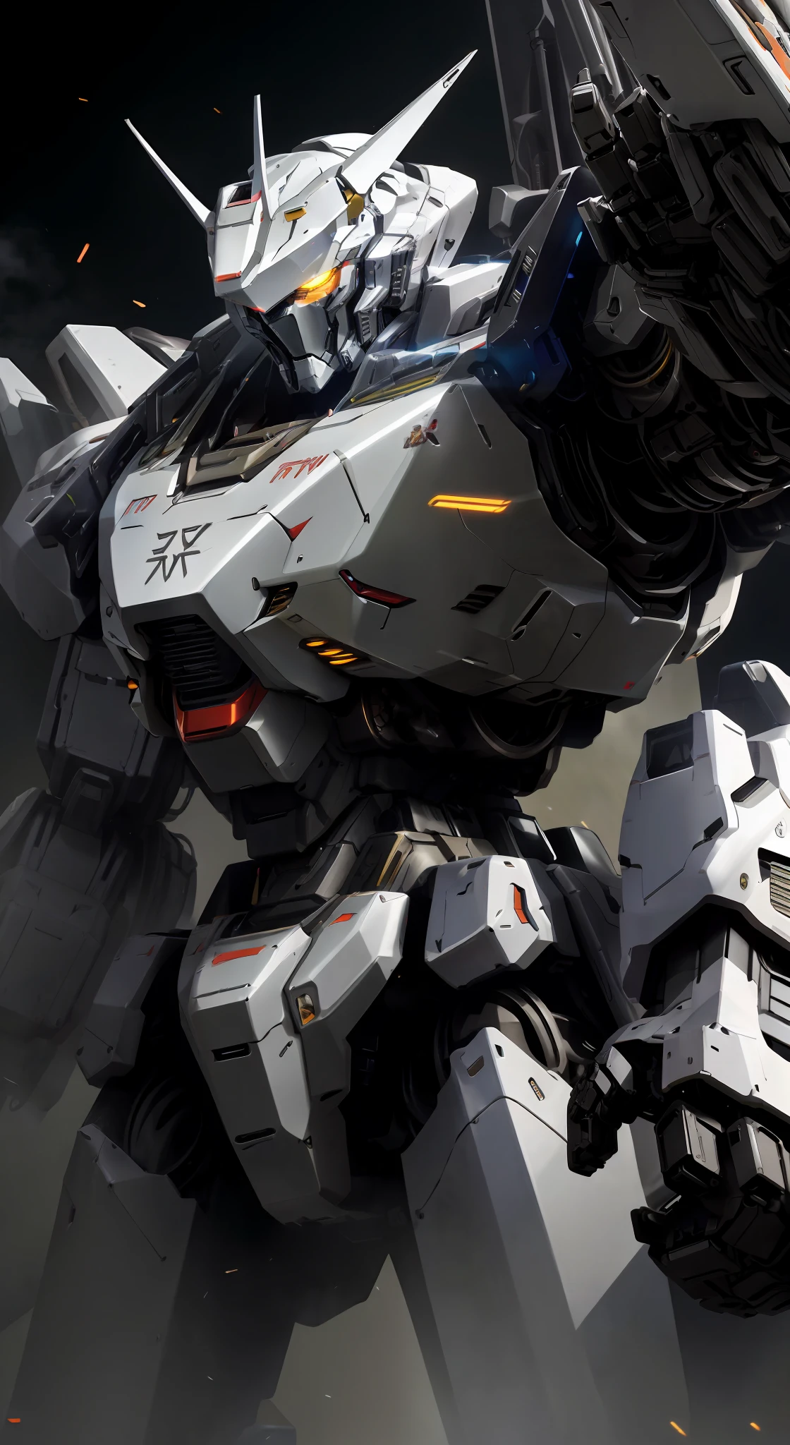 Large mecha robot, armor core style, smoky close-up, cool body details, modern mecha style, transformer wind, mecha art sense, large mecha robotic arms and twisting mechanisms, metallic texture and neon lights to create a symbolic atmosphere,