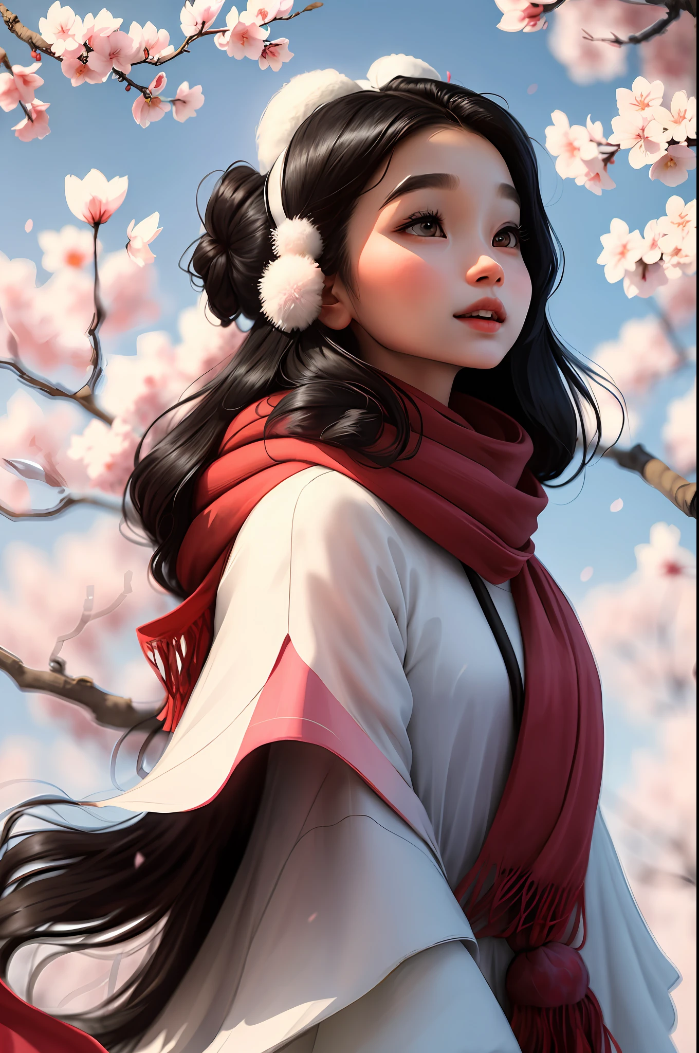 ((masterpiece)), under the mysterious and soft cherry blossoms, a girl in red in a scarf looks upwards, and the long feather headdress attracts black eyes. The blurred background sets off the distinct subject, the delicate black hair flutters in the breeze, the smart long-tailed are on the sides, the happy chirping echoes in the air, and the lips are soft and delicate.