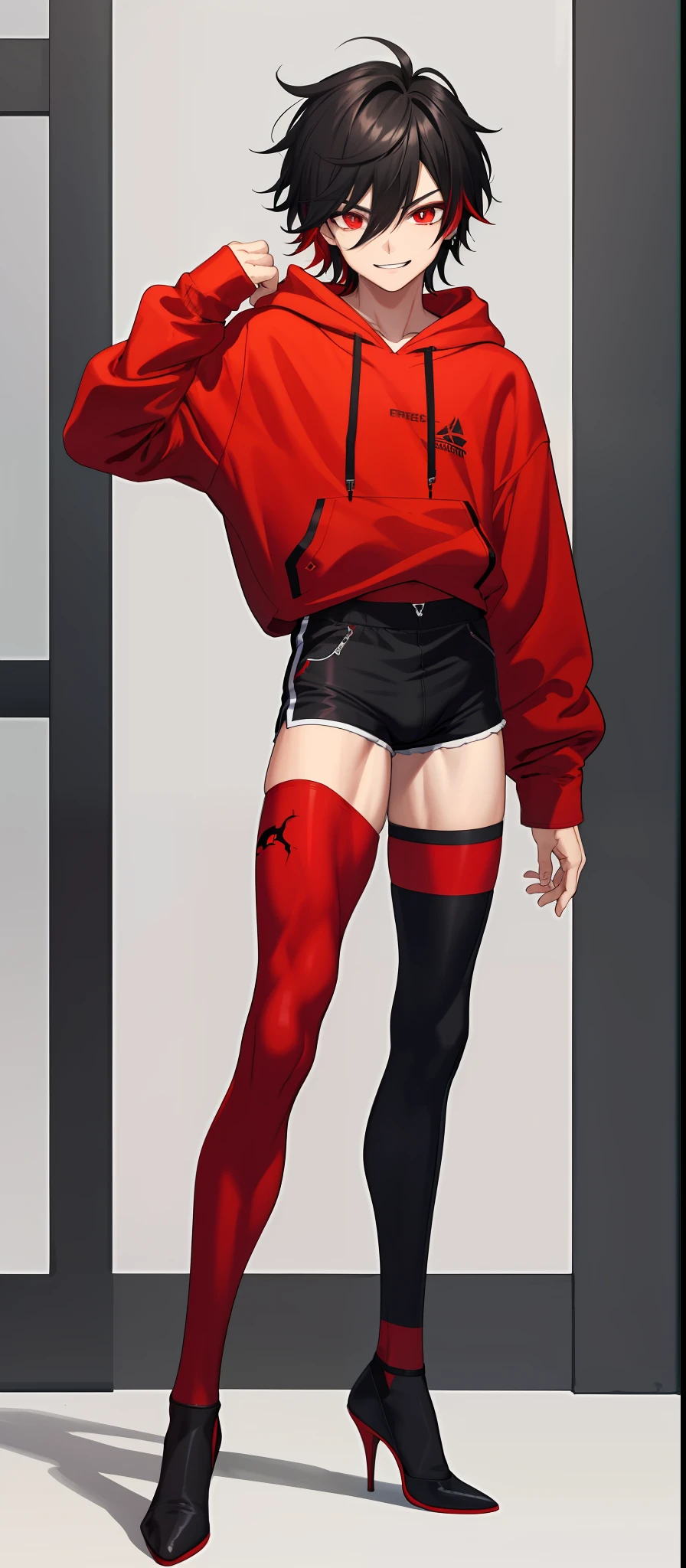 1boy,androgynous, bodybuilding, black messy hair, wide extremely vibrant red eyes, hd, masterpiece, vibrant, seductive red high heels, slim fitted red hoodie, slim fit black super shorts, full body view, wild smile, black stockings, male bulge, bulge