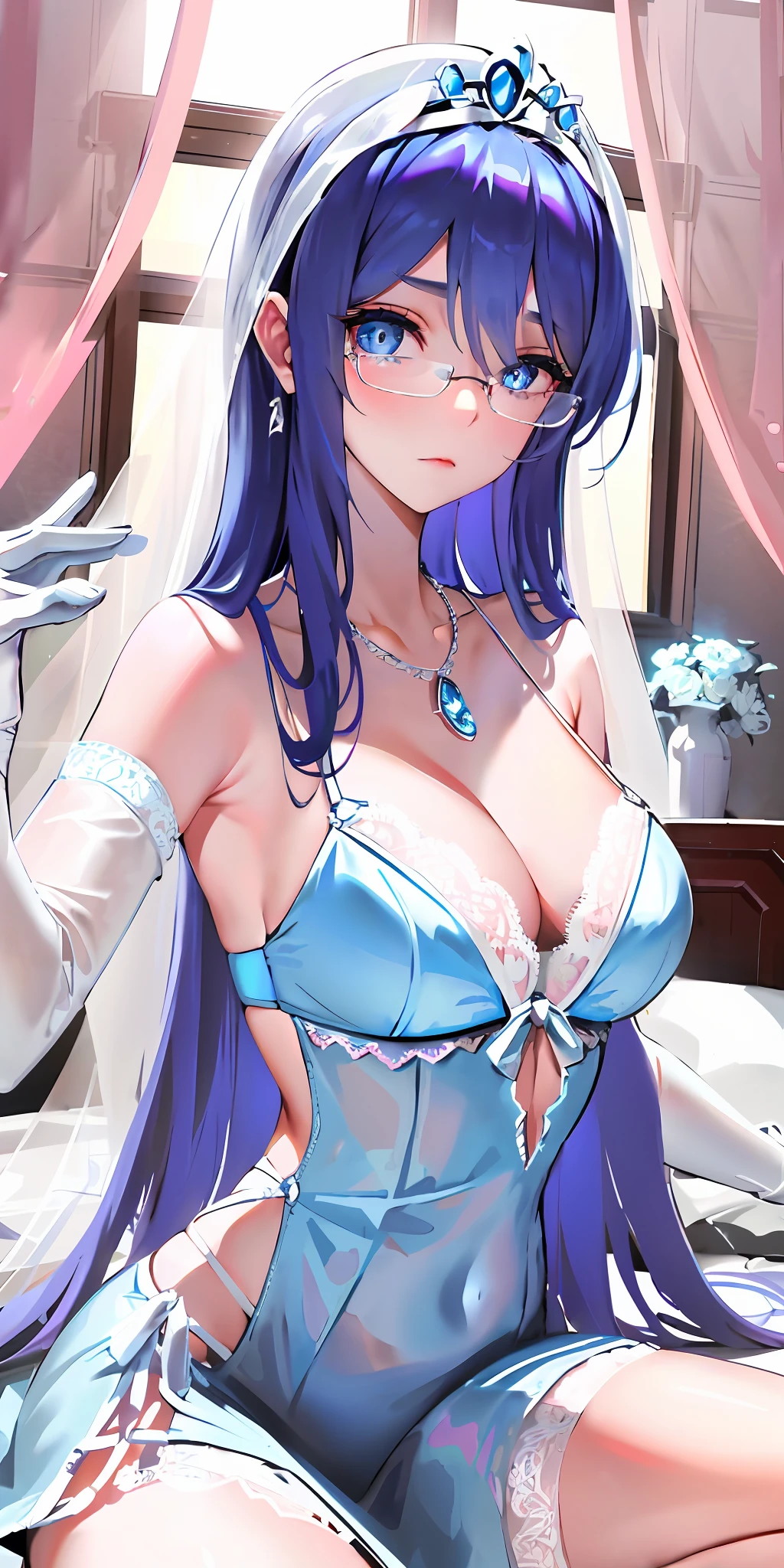 Long hair, big blue eyes, seductive eyes, melancholy expression, angel, light hitting face, bikini lace style, place bed, dampness, expecting something to happen, royal sister, Medusa, tiara white gauze wedding, glasses, teacher, necklace white white yarn, arm white sleeve lace style, gloves pink, overall style pink