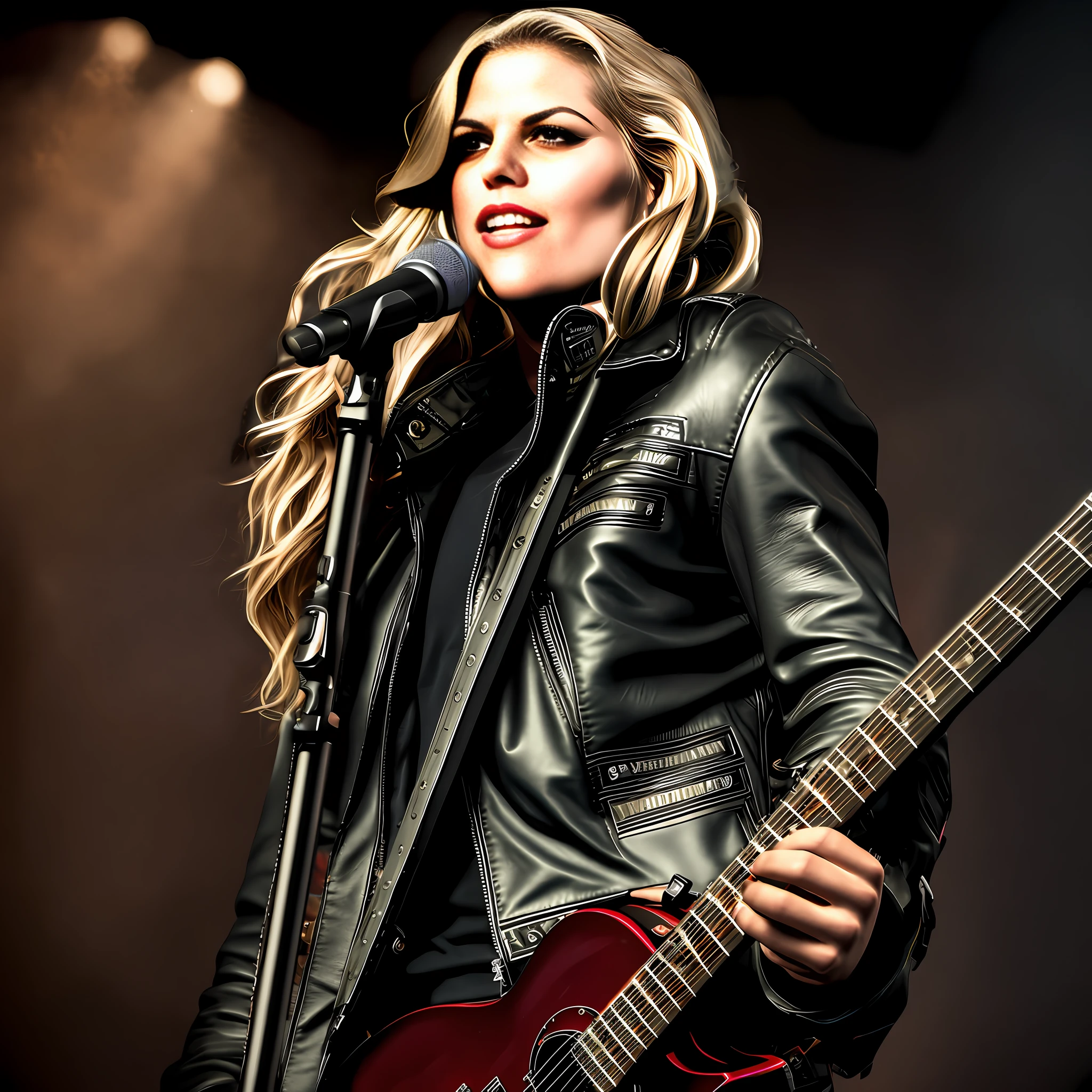 Blonde woman playing guitar in leather jacket, singing into microphone, she is wearing leather jacket, background artwork, Derek Zabroki, dream rock girl, playing guitar on stage, wearing leather jacket, high resolution, rock, headquarters artwork, black canary, rock out, wearing leather jacket, concept film, musician, rectangle, hd illustration, Steve Prescott, SimoH, nice hands