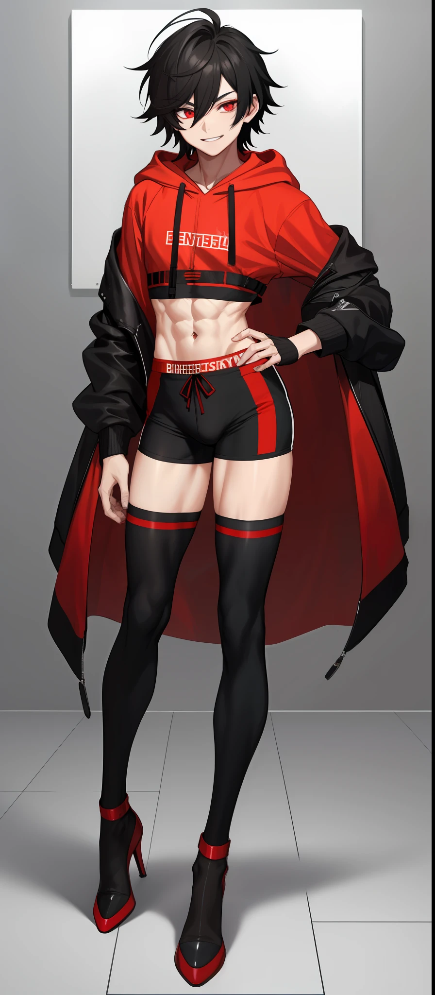 1boy,androgynous, bodybuilding, black messy hair, wide extremely vibrant red eyes, hd, masterpiece, vibrant, seductive red high heels, slim fitted red hoodie, slim fit black super shorts, full body view, wild smile, black stockings, male bulge, bulge