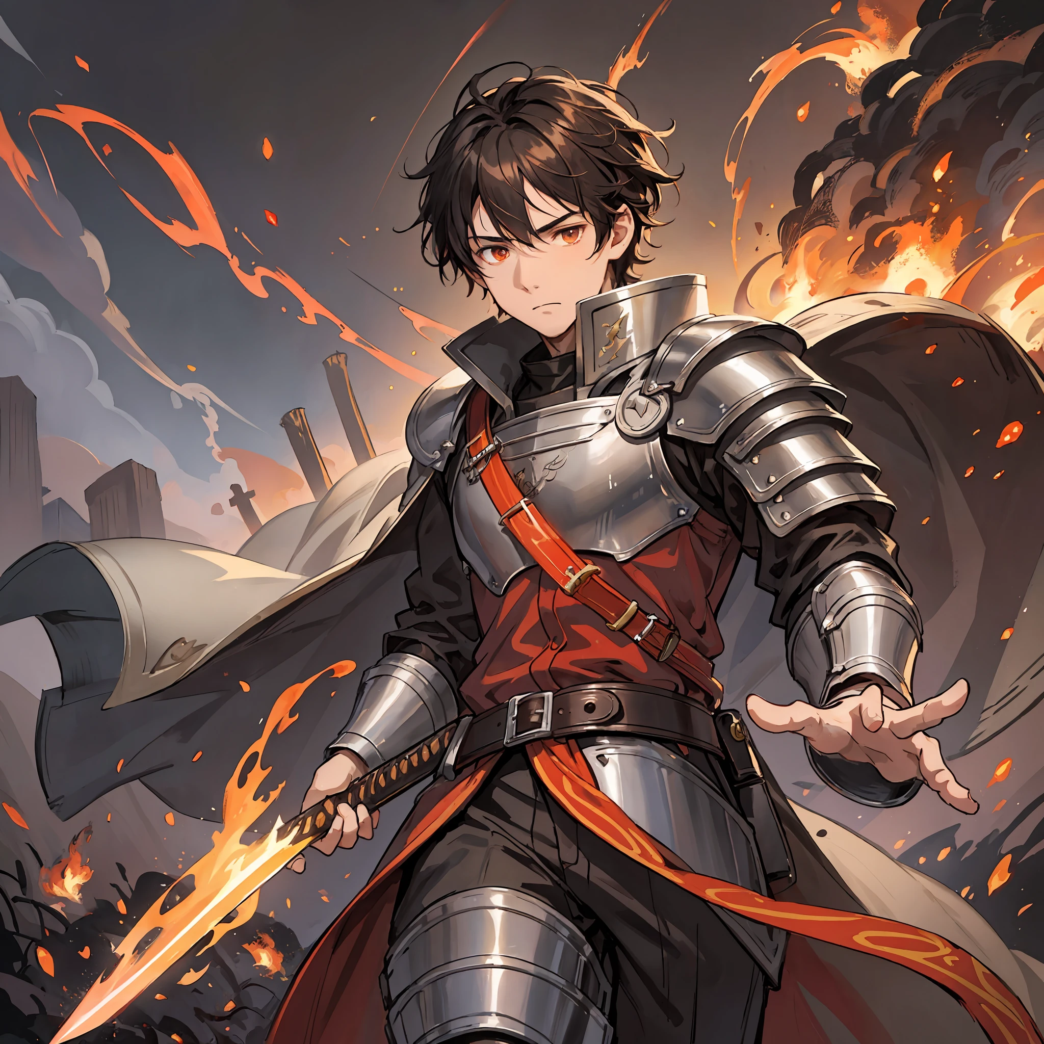 a 17-year-old teenage boy, 1 boy, brown short hair, short hair parted in the middle, bright eyes, without a beard, without a goatee, no facial hair, silver and red medieval knight armor, red clothes, detailed background, medieval warrior, boy, combat arts, holding an medieval sword, closeup shot, whirling wind, lightning around character, night complex background, highly detailed, (gloomy:1.3), Fire Manipulation, Phoenix Physiology, Fire Magic, Fire Attacks, night sky at entrance, fire light in the background, forest burning, floating many bright flames of red and orange fire particles, floating many flames of fire