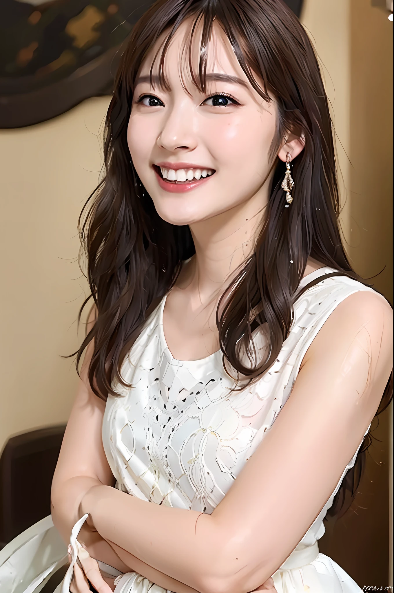 Top quality, masterpiece, ultra high resolution, (photorealistic: 1.4), highly detailed, professional illumination smile, double eyelids, wet skin, shiny brown hair