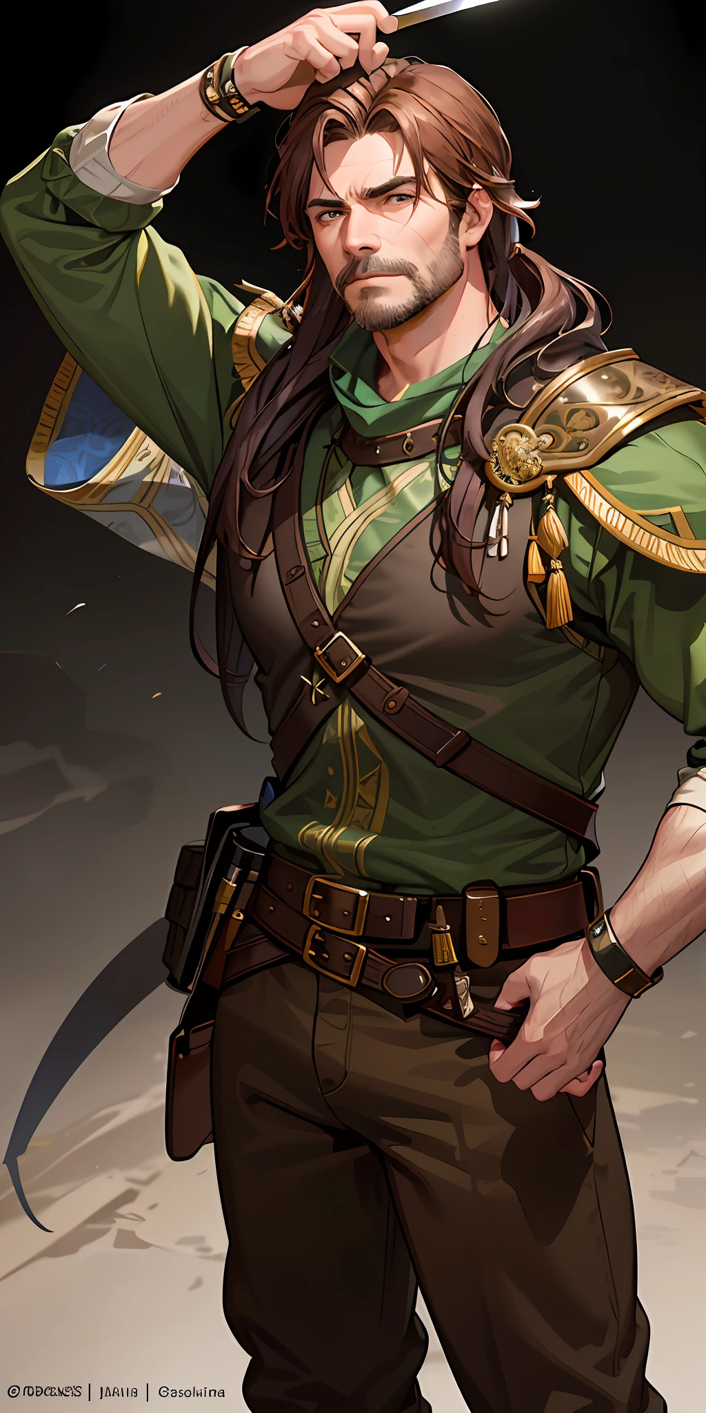 An masterfully crafted and intricate fantasy portrait depicting an rugged and determined middle-aged male ranger, clad in earthy tones, sporting vibrant brown hair, wielding a great sword with fierce expression,