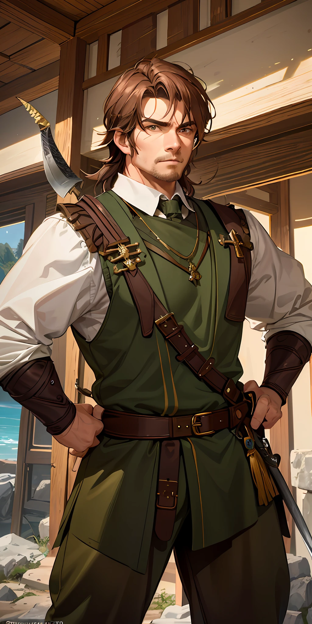 An masterfully crafted and intricate fantasy portrait depicting an rugged and determined middle-aged male ranger, clad in earthy tones, sporting vibrant brown hair, wielding a claymore with fierce precision, and holding a short sword with a determined gaze fixed upon his target.