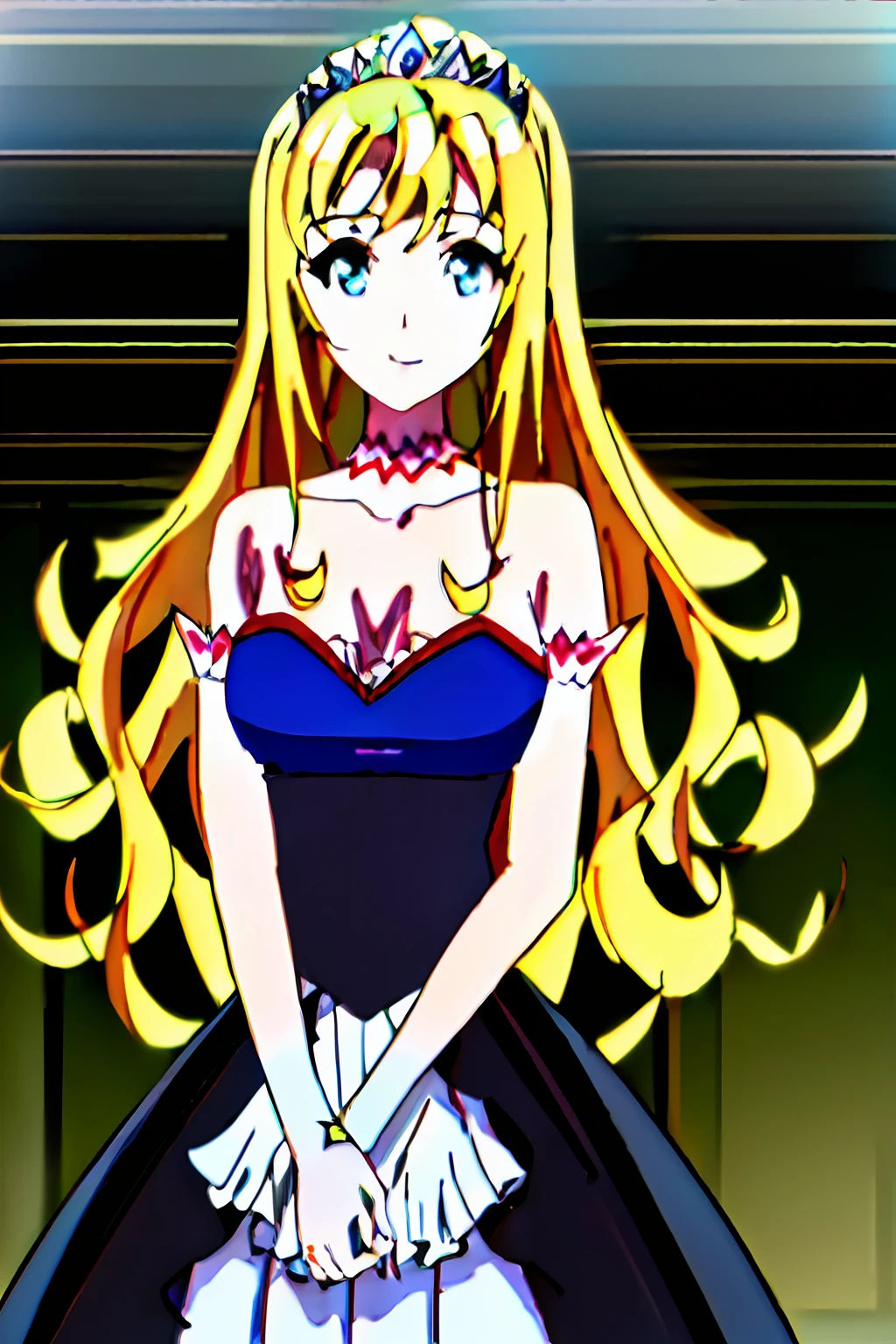 Masterpiece, (((best quality))), ((high resolution)), ((HD quality)), anime style, Liliana, long wavy blonde hair, shoulder-length hair, (blue eyes), detailed face, (((beautiful face))), closed smile, (((large breasts))), ((black dress with red details)), ((full body)), ((ballroom stage))