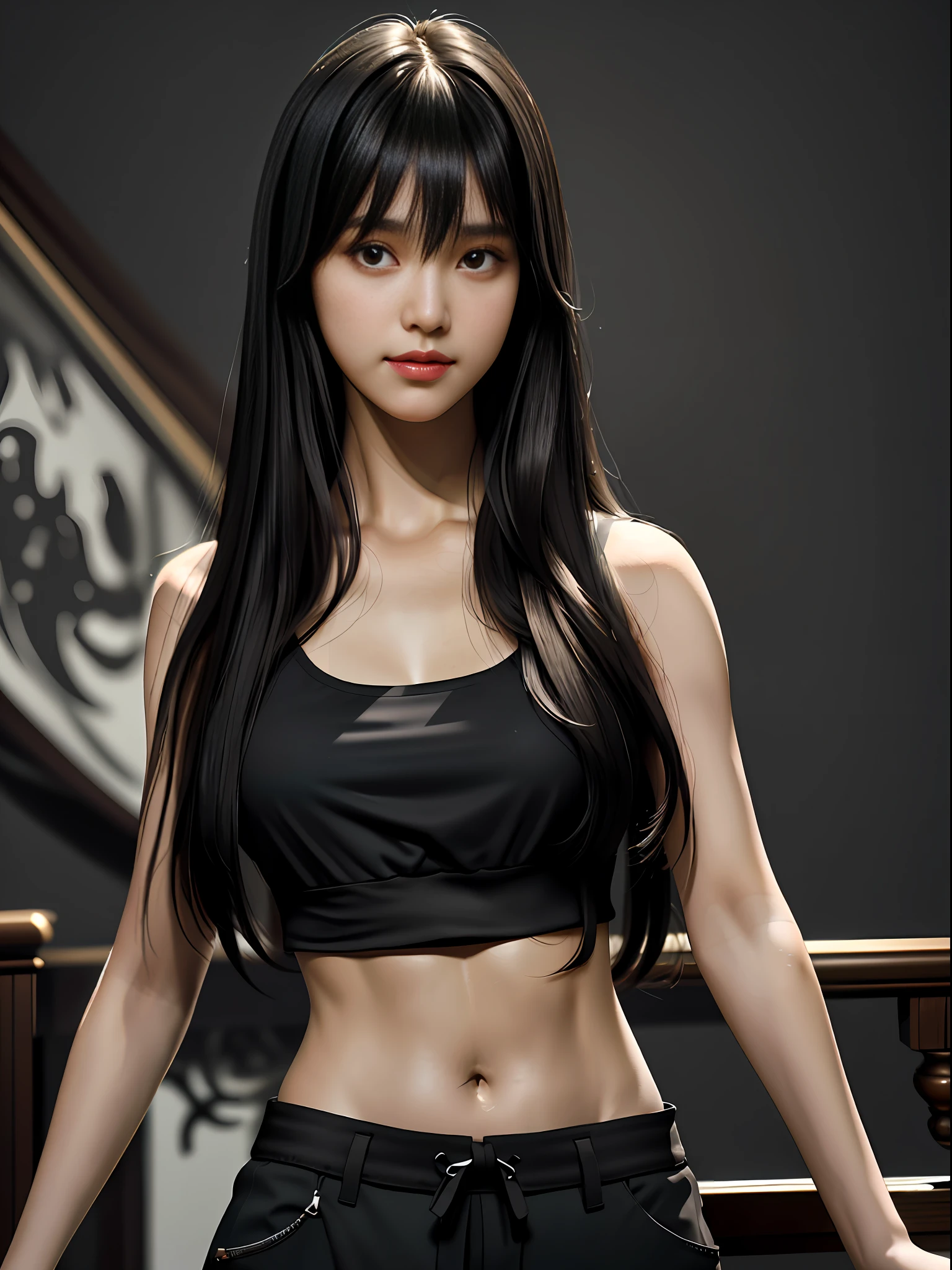 (hyperrealistic) , (illustration), (increase resolution), (8K), (extremely detailed), (best illustration), (beautiful detailed eyes), (best quality), (ultra-detailed), (masterpiece), (wallpaper), (detailed face), solo, 1 girl, looking at the audience, delicate detail, detailed face, in the dark, deep shadow, understated, pureerosfaceace_v1, smile, long hair, black shawl straight hair, 46-point slanted bangs, tank top, low-rise pants , open waist, open umbilicus, few abs