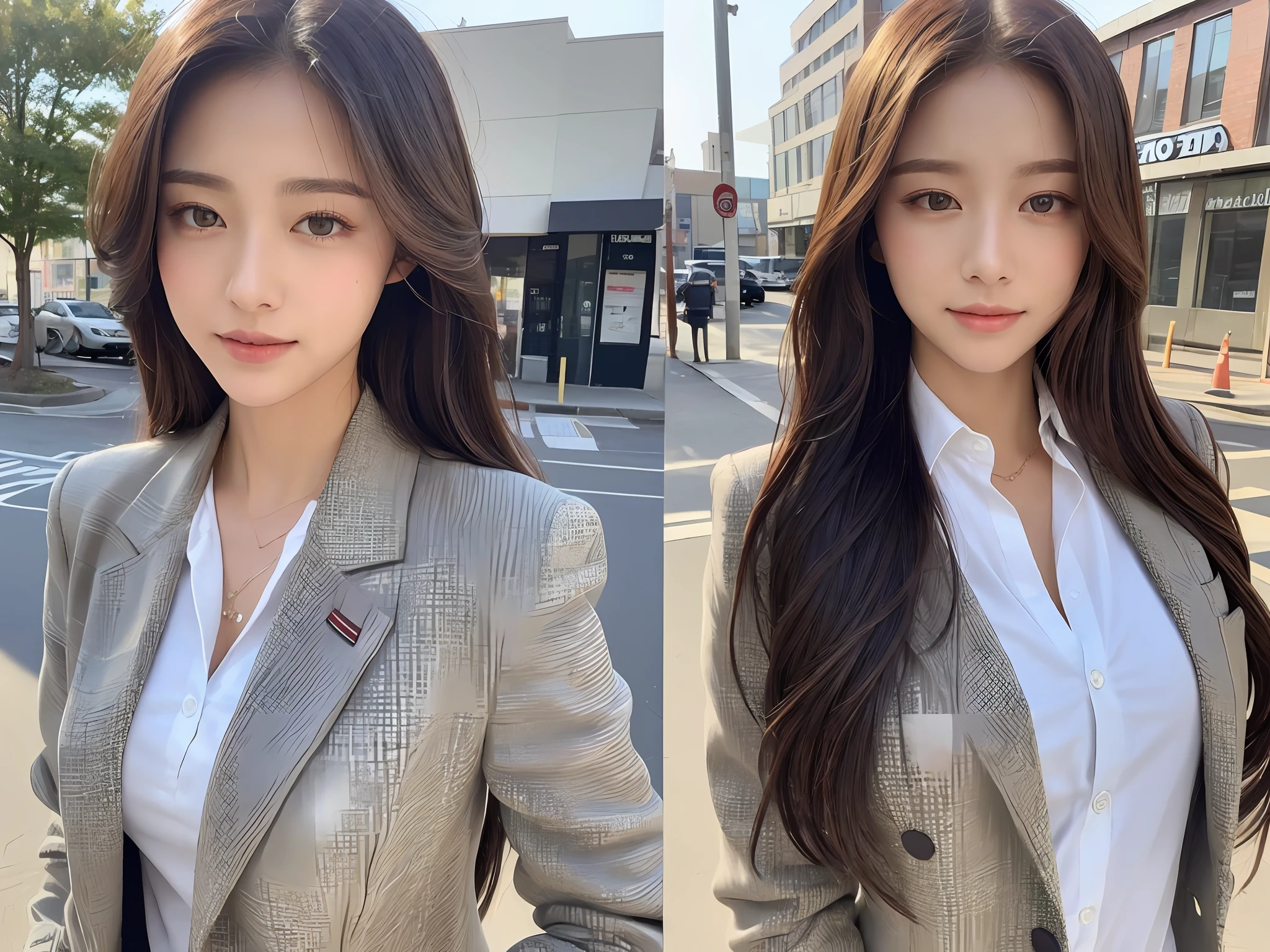 ((top quality, 8k, masterpiece: 1.3)), background is a baseball field, crisp focus: 1.2, brown hair, shiny hair, gentle look, shy face, smile, beautiful woman with perfect figure: 1.4, slender abs: 1.2, ((layer cut, big: 1.2)), (blazer button up shirt over very thin white: 1.1), street: 1.2, very detailed face and skin texture, detailed eyes, Double eyelids, with tear bags