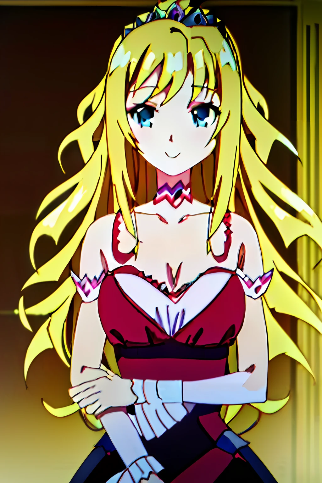Masterpiece, (((best quality))), ((high resolution)), ((HD quality)), anime style, Liliana, long wavy blonde hair, shoulder length hair, (blue eyes), detailed face, closed smile, (((large breasts))), ((black dress with red details)), ((full body)), ((ballroom stage))