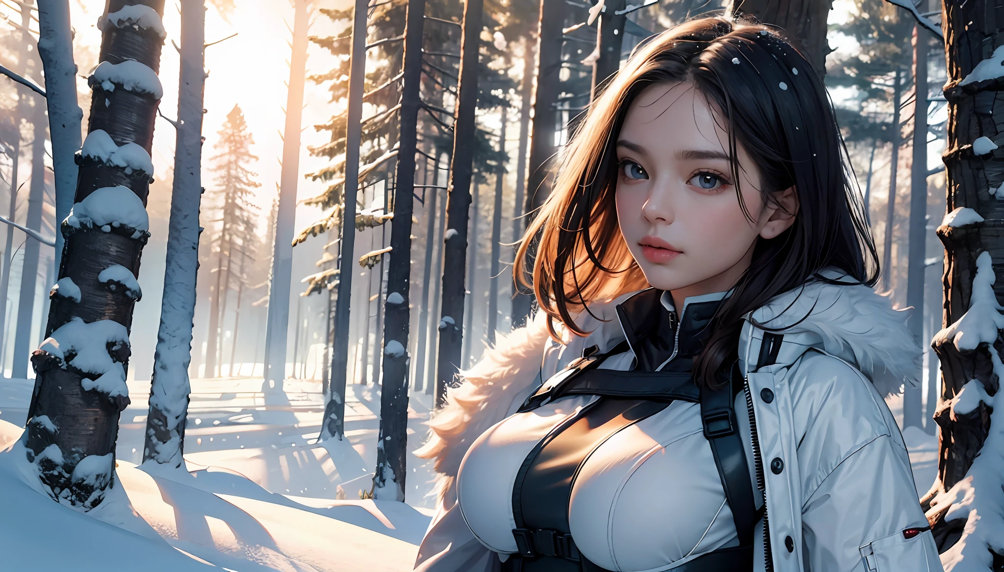 (Masterpiece,best quality, ultra high res) ,inticrate detail,detail face, perfect sunlight, at snow forrest,beautiful scene, large breast, winter soldier