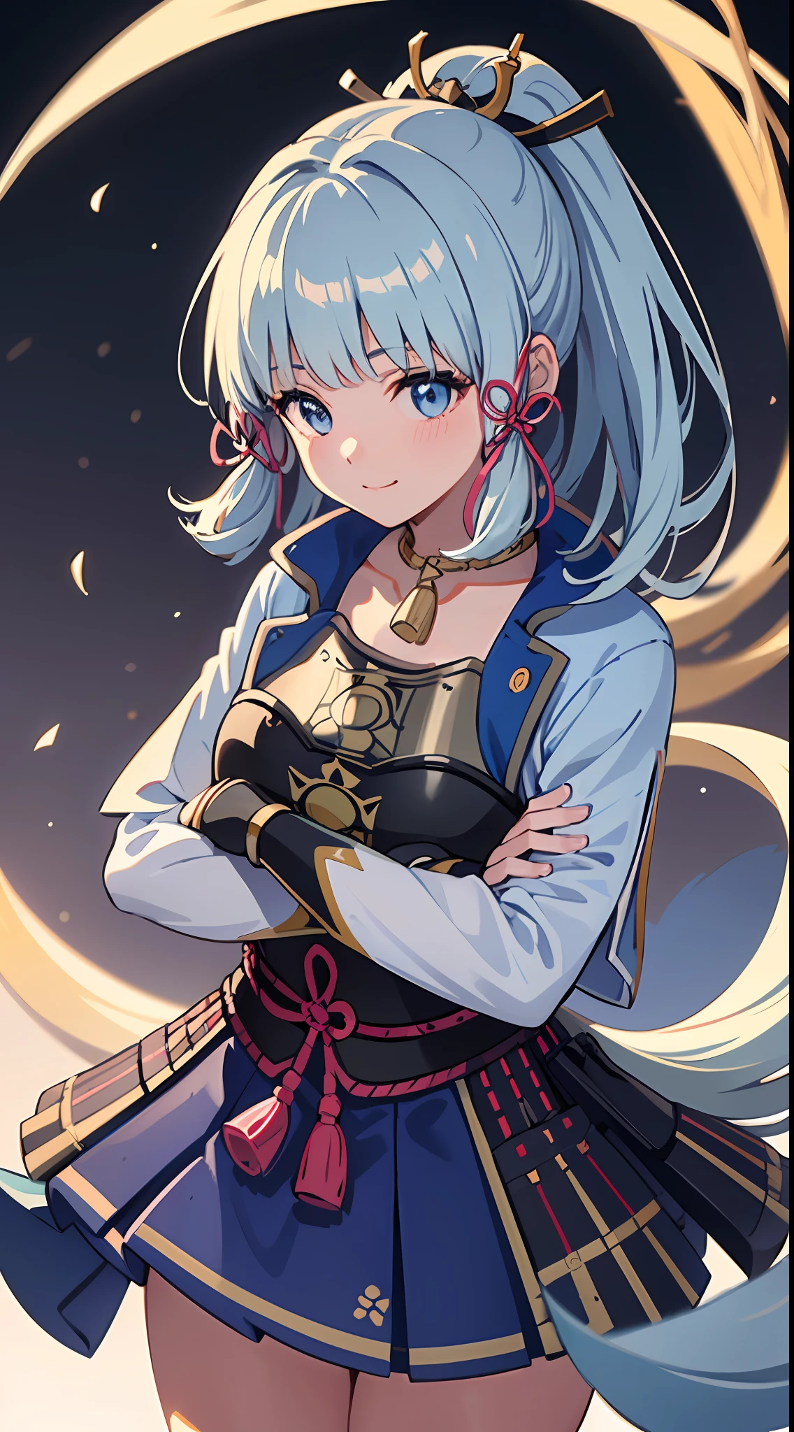(((masterpiece))), 4k res, highly detailed, (((extremely detailed eyes))), detailed background, cinematic lighting, crystal clear eyes, high quality, highres, ultra-detailed, 8k, best quality, 1girl, solo, shadow, backlighting, light particles, Thick Eyelashes, Wide Sleeve, thick thighs, (masterpiece:1.3), (the best quality:1.2), (super fine illustrations:1.2), (Masterpiece), high quality, high detail,(SOLO:1.4),((round image)), 1girl, kamisato ayaka, smile, blush, closed mouth, thick, medium breasts, traditional japanese house, from above, fingerless gloves, thick thighs, cowboy shot, crossed arms,