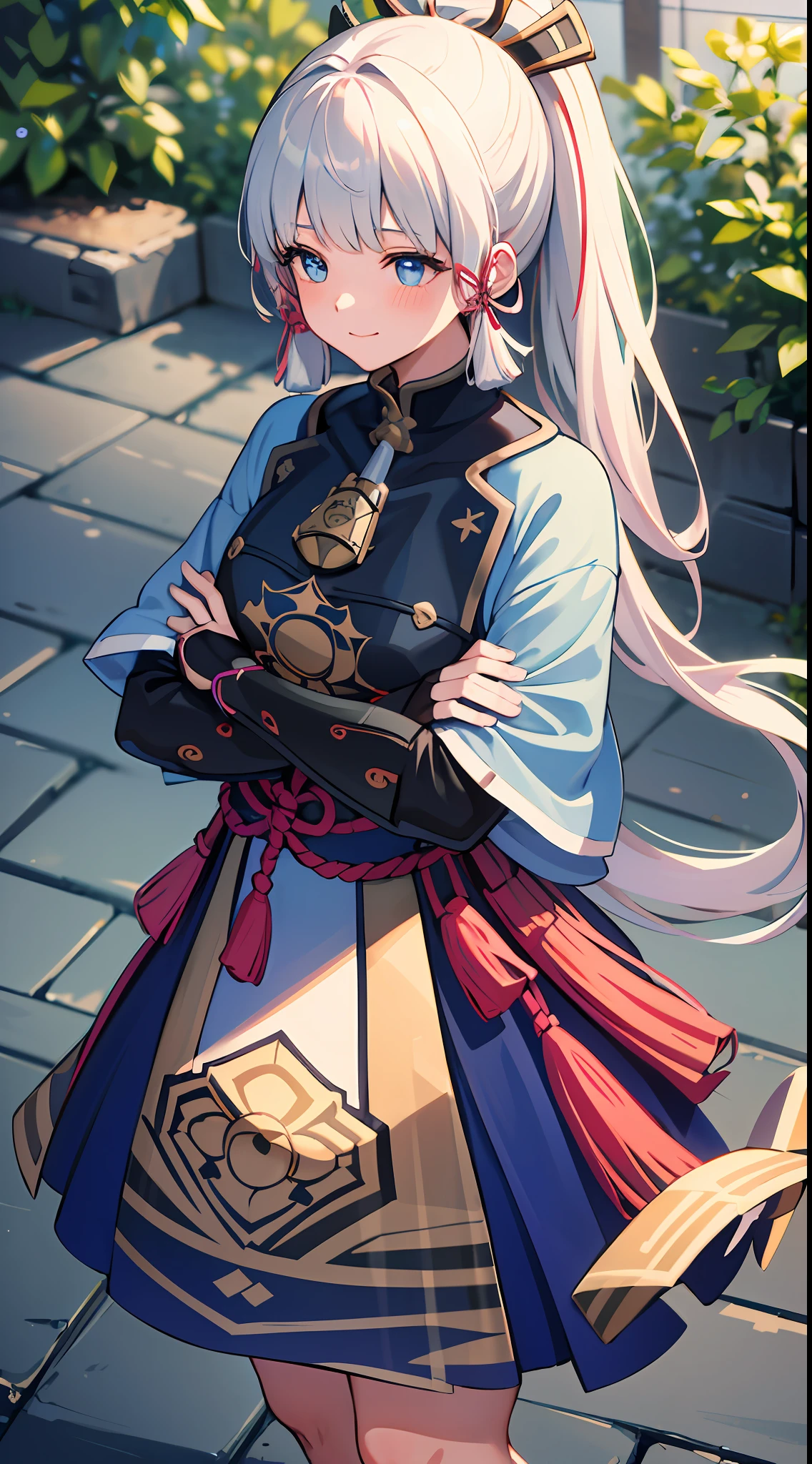 (((masterpiece))), 4k res, highly detailed, (((extremely detailed eyes))), detailed background, cinematic lighting, crystal clear eyes, high quality, highres, ultra-detailed, 8k, best quality, 1girl, solo, shadow, backlighting, light particles, Thick Eyelashes, Wide Sleeve, thick thighs, (masterpiece:1.3), (the best quality:1.2), (super fine illustrations:1.2), (Masterpiece), high quality, high detail,(SOLO:1.4),((round image)), 1girl, kamisato ayaka, smile, blush, closed mouth, thick, medium breasts, traditional japanese house, from above, fingerless gloves, thick thighs, cowboy shot, crossed arms,