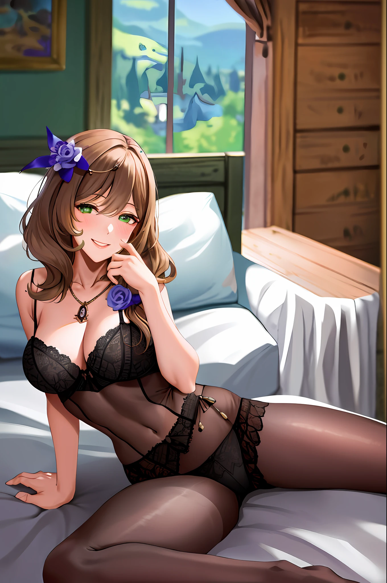 Masterpiece, best quality, lisa, ((lingerie)), bedroom backrgound, cowboy shot, smiling