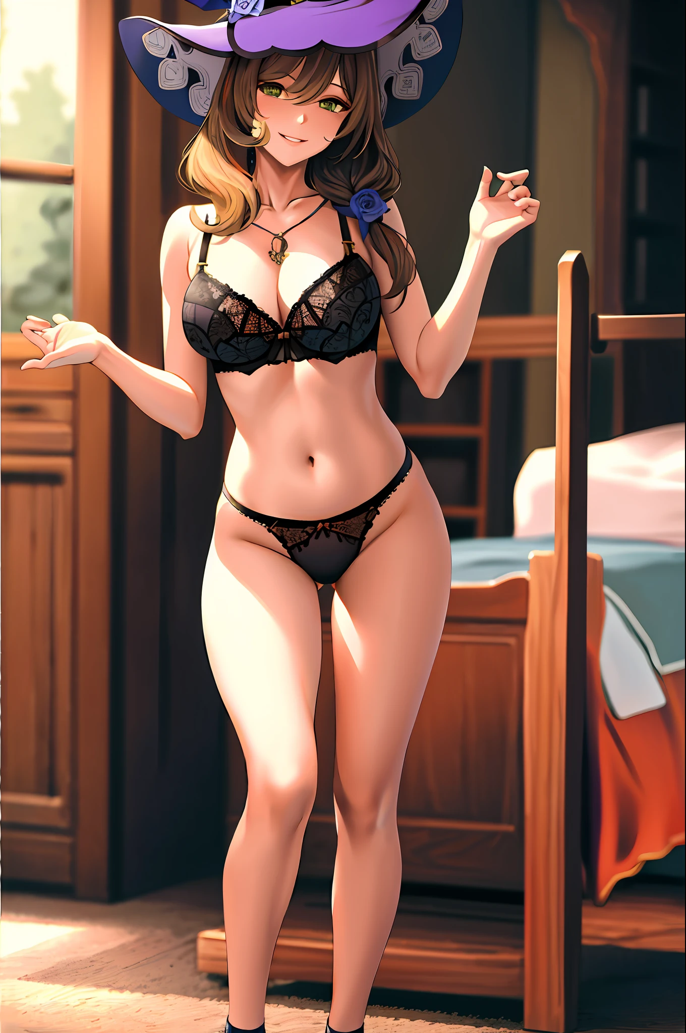 Masterpiece, best quality, lisa, ((lingerie)), bedroom backrgound, cowboy shot, smiling
