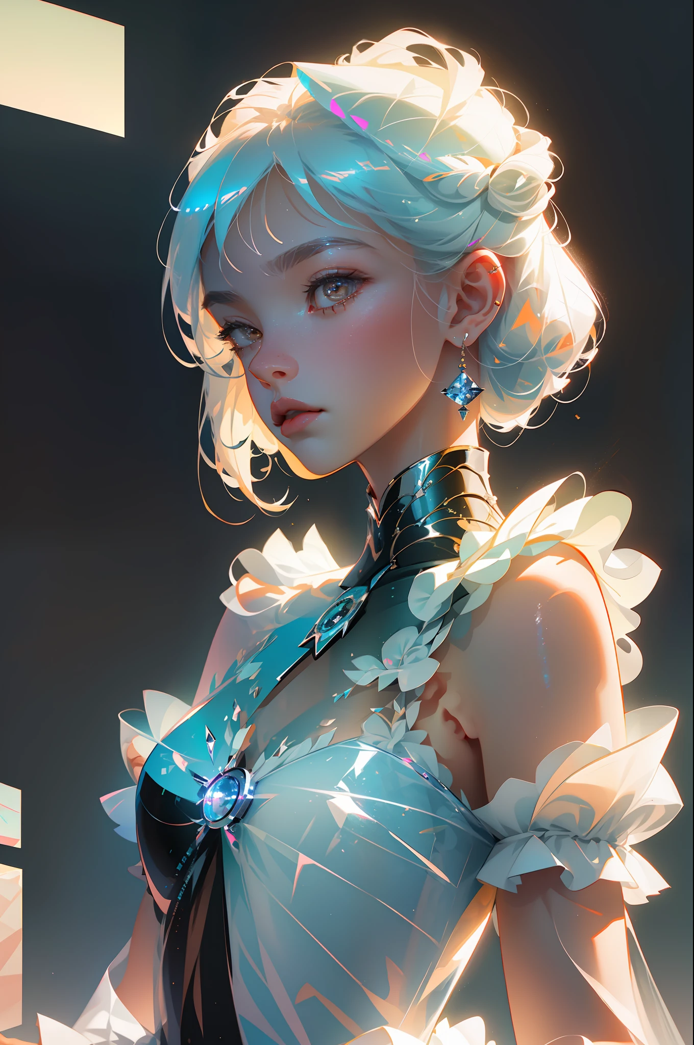 Highest quality,The perfect masterpiece,Perfect artwork,Official Works,8K,
(Upper Body Portrait:1.3),((Seen from the side:1.5)),close-up lens,Delicate face,
,White-haired girl,(hakuhatsu:1.5),short and medium hair,((White transparent eyes:1.5)),(white dress:1.2),(Transparent clothing:1.2),(Black background:1.3),
pearl illusion,Cyberpunk,fashion trend,3s material,high-definition,detail representation,c4d,3D,octane rendering,ray tracing,complex details,animated lighting,OCrenderer,