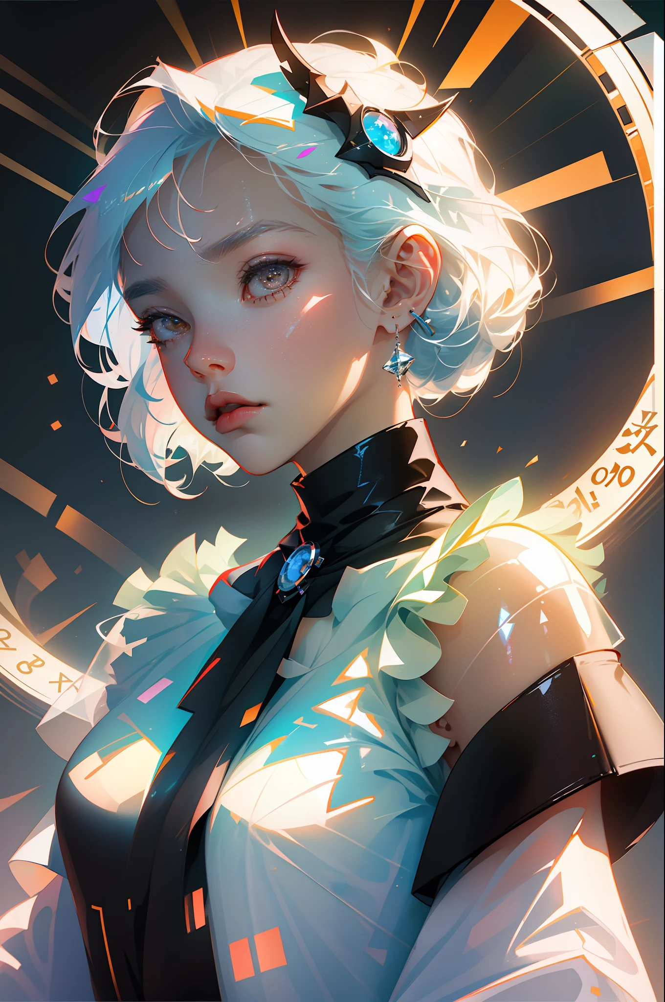 Highest quality,The perfect masterpiece,Perfect artwork,Official Works,8K,
(Upper Body Portrait:1.3),((Seen from the side:1.5)),close-up lens,Delicate face,
,White-haired girl,(hakuhatsu:1.5),short and medium hair,((White transparent eyes:1.5)),(white dress:1.2),(Transparent clothing:1.2),(Black background:1.3),
pearl illusion,Cyberpunk,fashion trend,3s material,high-definition,detail representation,c4d,3D,octane rendering,ray tracing,complex details,animated lighting,OCrenderer,