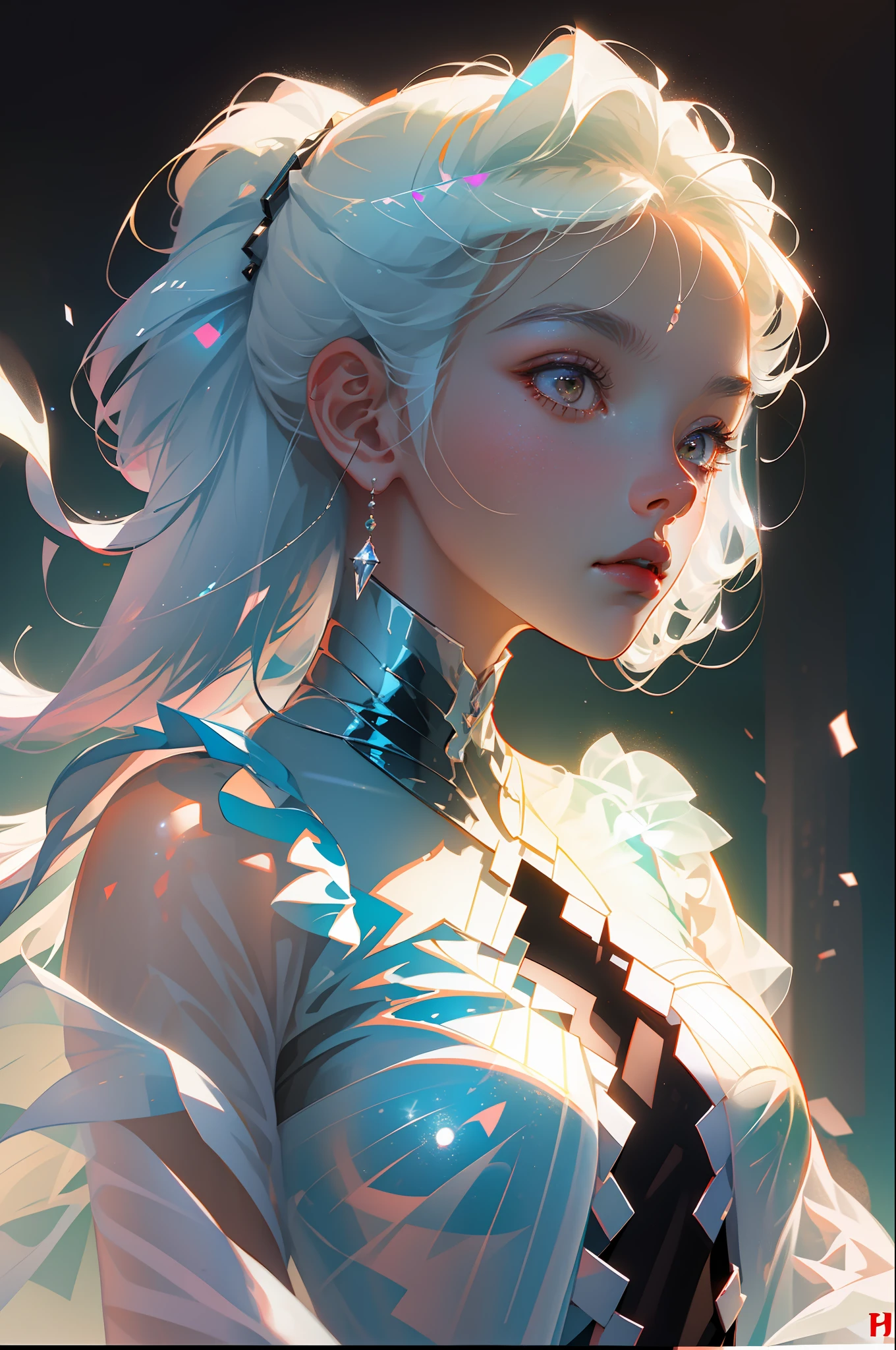 Highest quality,The perfect masterpiece,Perfect artwork,Official Works,8K,
(Upper Body Portrait:1.3),((Seen from the side:1.5)),close-up lens,Delicate face,
,White-haired girl,(hakuhatsu:1.5),short and medium hair,((White transparent eyes:1.5)),(white dress:1.2),(Transparent clothing:1.2),(Black background:1.3),
pearl illusion,Cyberpunk,fashion trend,3s material,high-definition,detail representation,c4d,3D,octane rendering,ray tracing,complex details,animated lighting,OCrenderer,