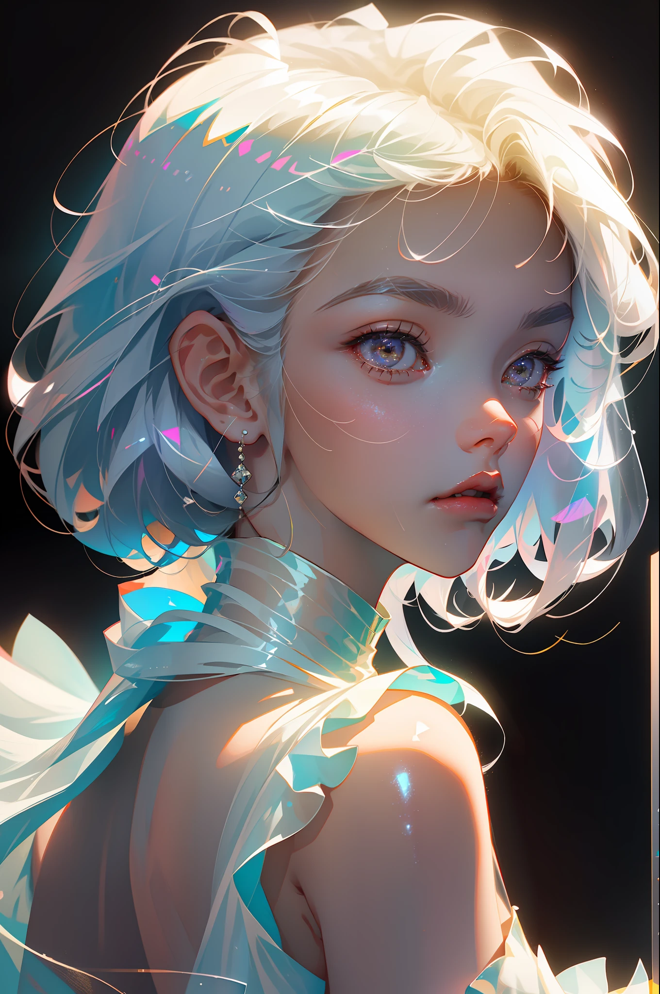 Highest quality,The perfect masterpiece,Perfect artwork,Official Works,8K,
(Upper Body Portrait:1.3),((Seen from the side:1.5)),close-up lens,Delicate face,
17 years old,White-haired girl,(hakuhatsu:1.5),short and medium hair,((White transparent eyes:1.5)),(white dress:1.2),(Transparent clothing:1.2),(Black background:1.3),
pearl illusion,Cyberpunk,fashion trend,3s material,high-definition,detail representation,c4d,3D,octane rendering,ray tracing,complex details,animated lighting,OCrenderer,