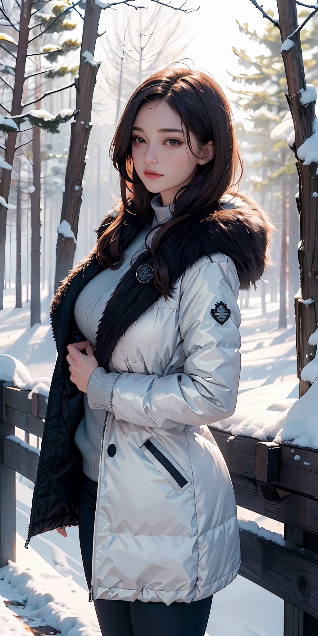 (Masterpiece,best quality, ultra high res) ,inticrate detail,detail face, perfect sunlight, at snow forrest,beautiful scene, large breast, winter coat