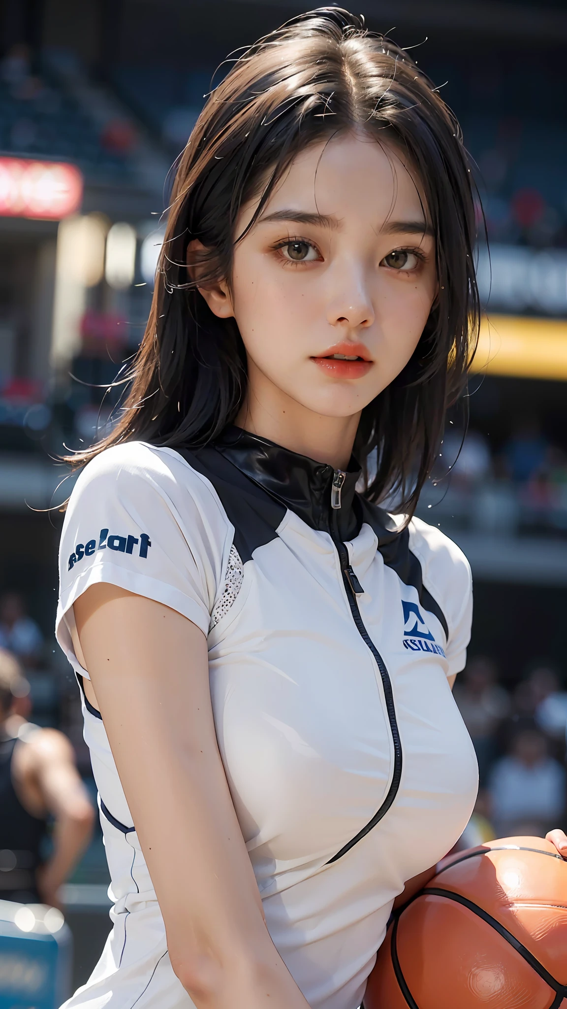 Top Quality, Ultra High Definition, (Photorealistic: 1.4), 8K Resolution, Girl, (Woman in Basketball Suit), (Random Hair: 1.3), (Realistic Hair: 1.2), (Chinese Girl: 1.2), (Realistic Eyes: 1.2), (Beautiful Face: 1.3), (Big: 1.3), (Wet Skin: 1.2)