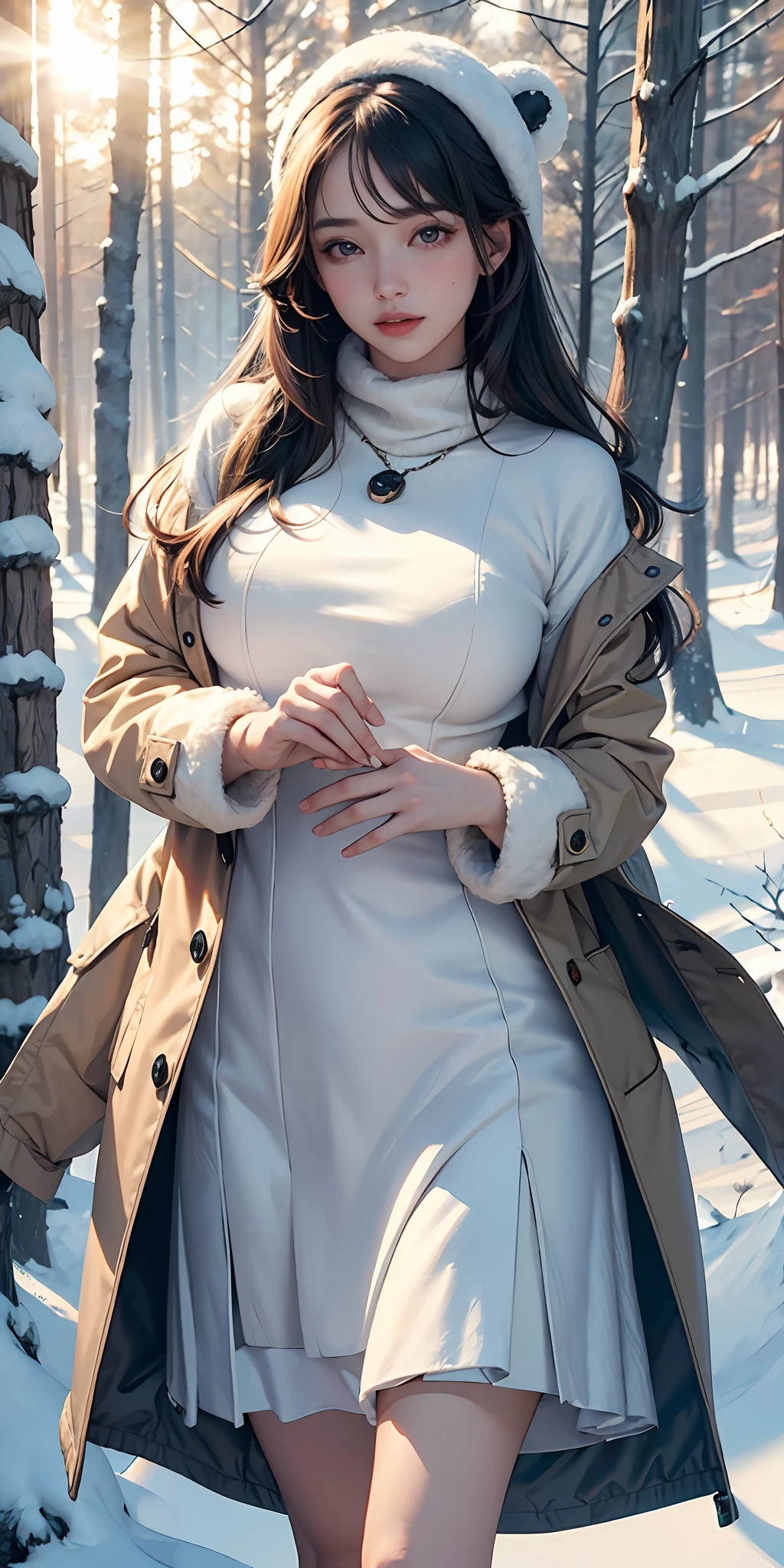 (Masterpiece,best quality, ultra high res) ,inticrate detail,detail face, perfect sunlight, at snow forrest,beautiful scene, large breast,  winter coat