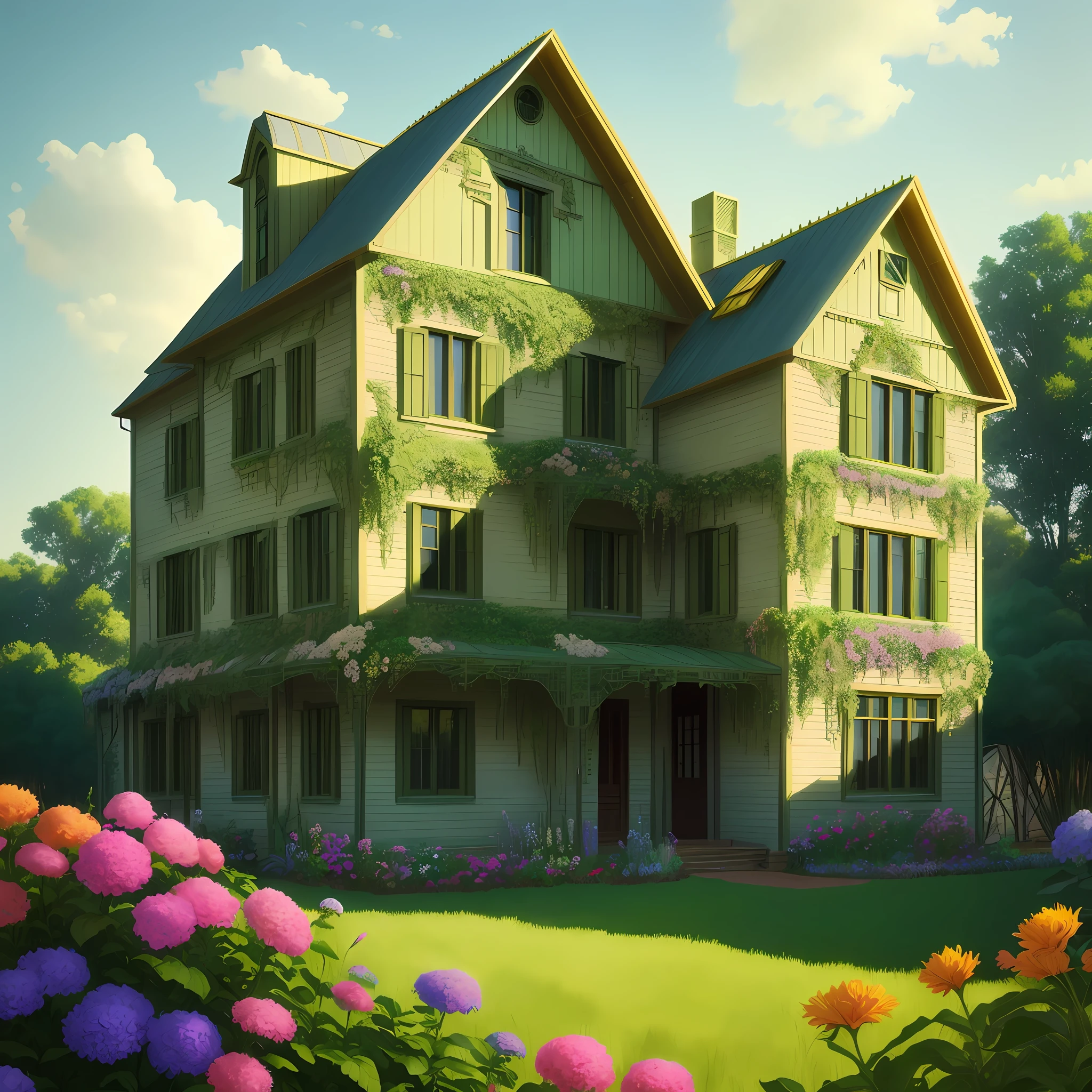 Architectural Digest photo of a maximalist green {vaporwave/steampunk/solarpunk} ((farm house)) with flowers and plants, golden light, hyperrealistic surrealism, award winning masterpiece with incredible details, epic stunning