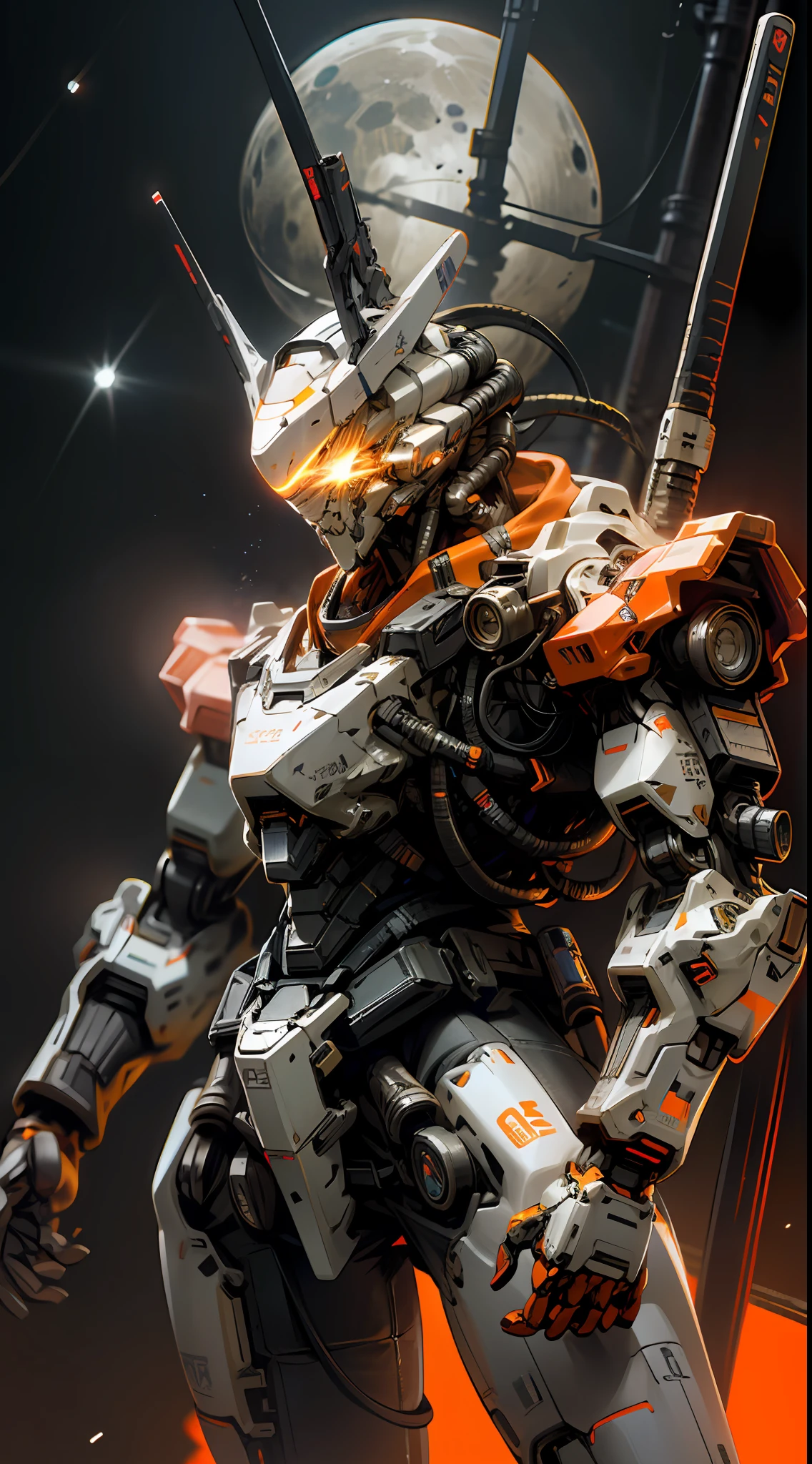 On the Moon, Holding Weapons, No Humans, Glowing, Robots, Glowing Eyes, Orange Mecha, Science Fiction, Mecha, (Galactic Background), Neon, Cyberpunk,