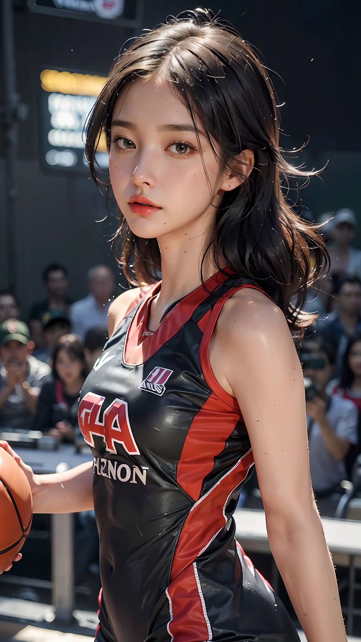 Top Quality, Ultra High Resolution, (Photorealistic: 1.4), 8K Resolution, (Woman in Basketball Suit), (Random Hair: 1.3), (Realistic Hair: 1.2), (Realistic Eyes: 1.2), (Beauty Face: 1.3), (Big: 1.3), (Wet Skin: 1.2)