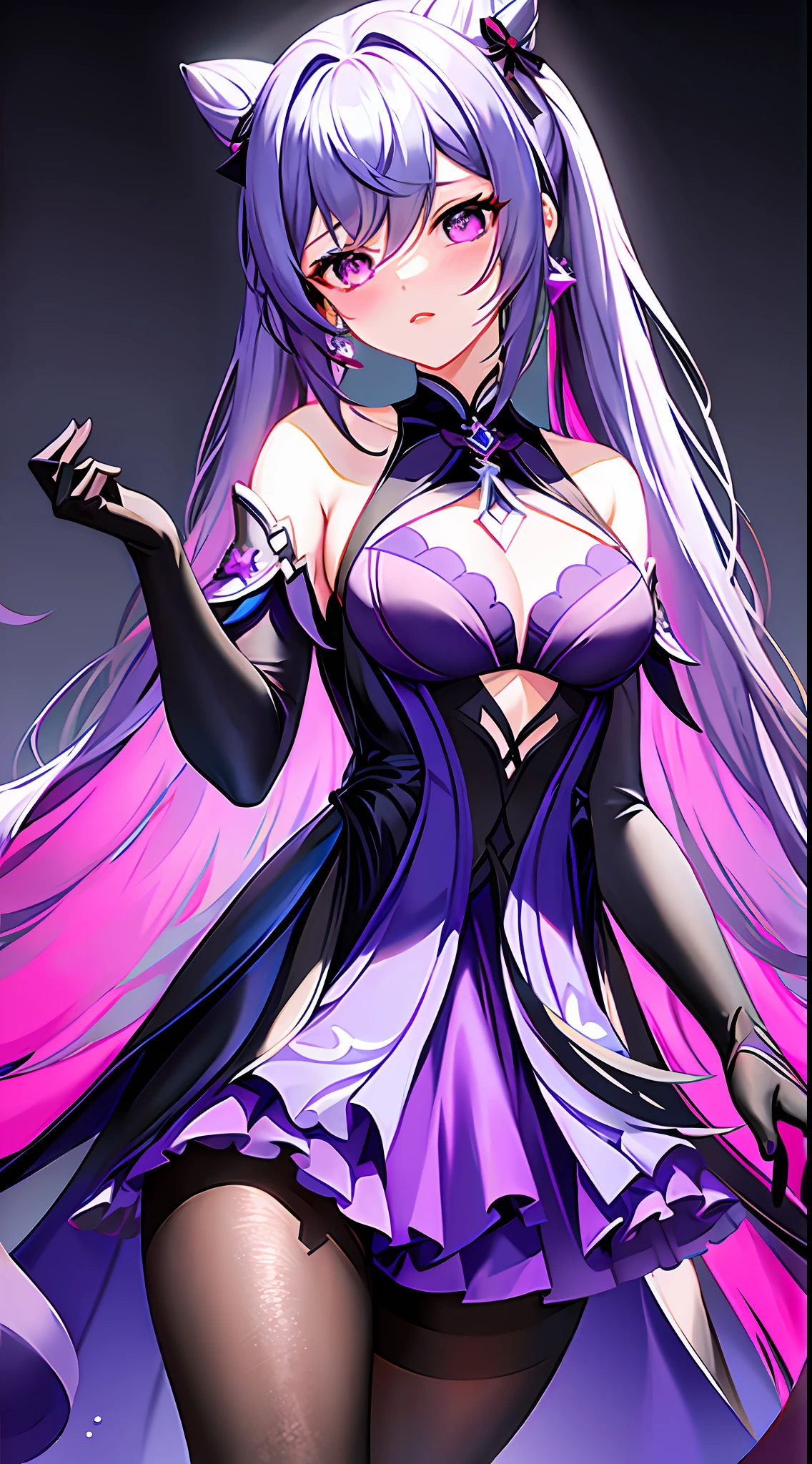 1girl, from_below, pantyhose, keqing (piercing thunderbolt) (genshin impact), keqing (genshin impact), black_pantyhose, hair bun, purple hair, gloves, twintails, long hair, purple eyes, diamond-shaped pupils, bare shoulders, hair ornament, black pantyhose, cone hair bun, detached sleeves,dress, jewelry, medium breasts, earrings, bangs, frills, purple dress, black gloves, braid, skirt,
