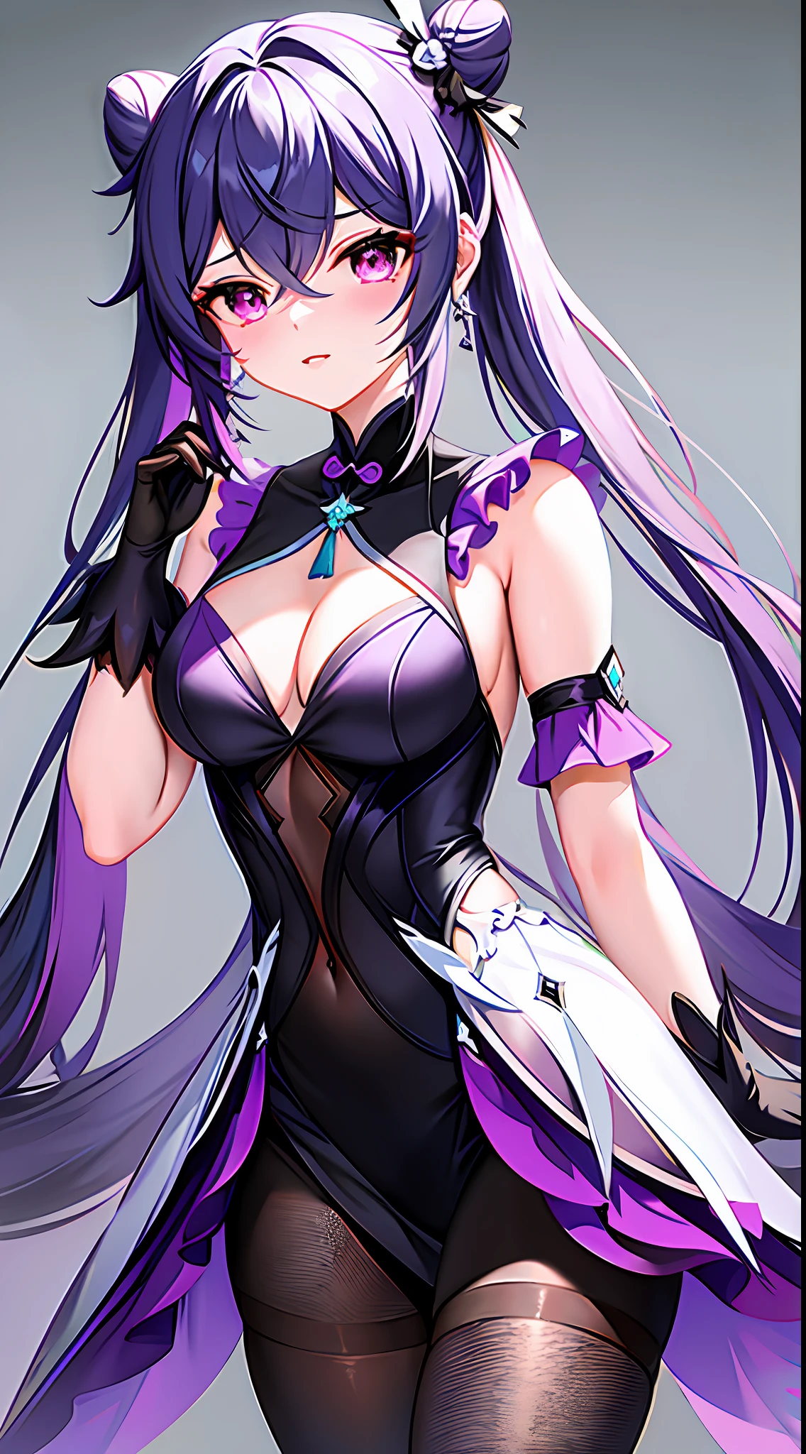 1girl,  from_below, pantyhose, keqing (piercing thunderbolt) (genshin impact), keqing (genshin impact), black_pantyhose, hair bun, purple hair, gloves, twintails, long hair, purple eyes, diamond-shaped pupils, bare shoulders, hair ornament, black pantyhose, cone hair bun, detached sleeves,dress, jewelry, medium breasts, earrings, bangs, frills, purple dress, black gloves, braid, skirt,