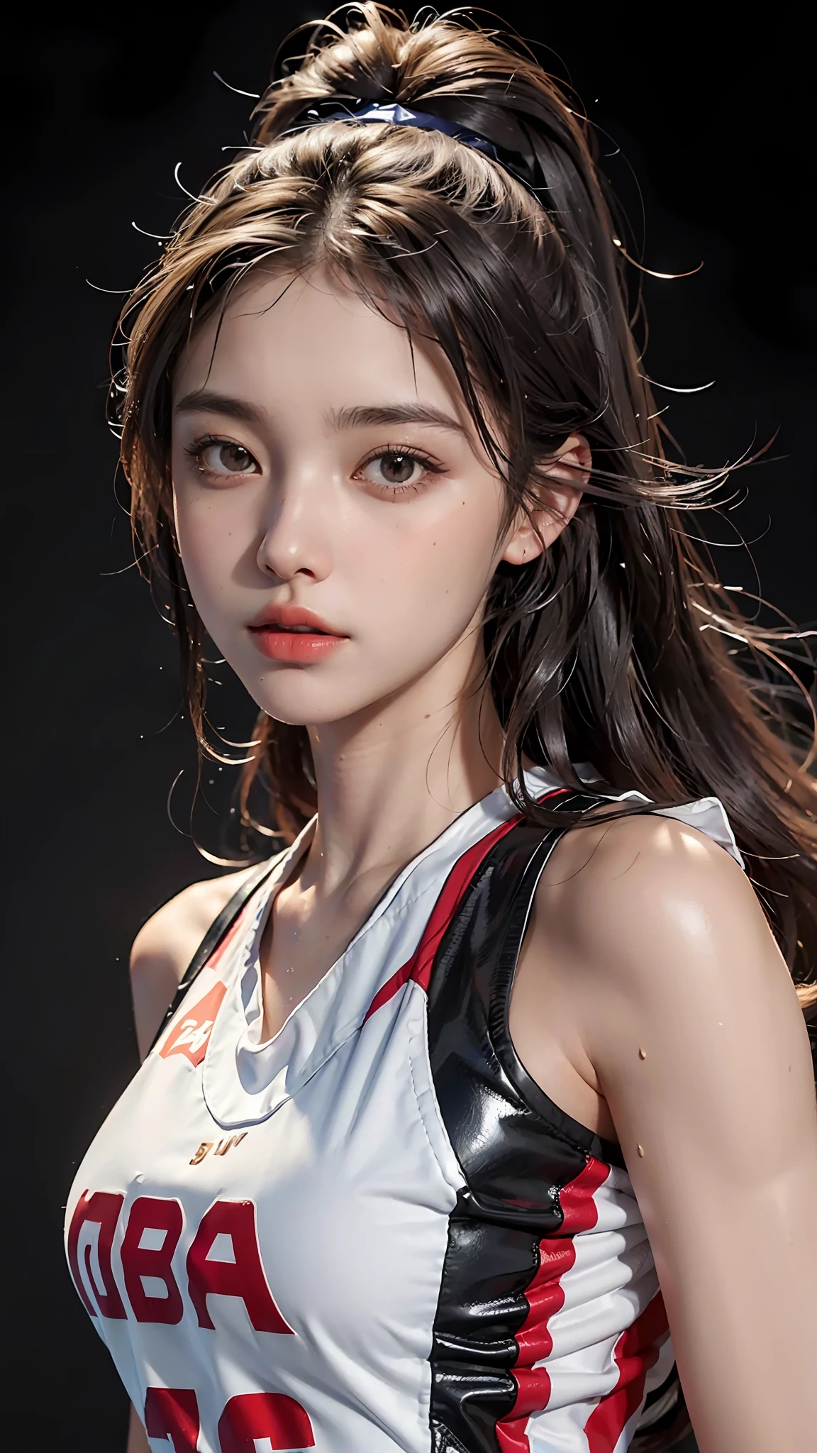 Top Quality, Ultra High Resolution, (Photorealistic: 1.4), 8K Resolution, (Woman in Basketball Suit), (Random Hair: 1.3), (Realistic Hair: 1.2), (Realistic Eyes: 1.2), (Beauty Face: 1.3), (Big: 1.3), (Wet Skin: 1.2)