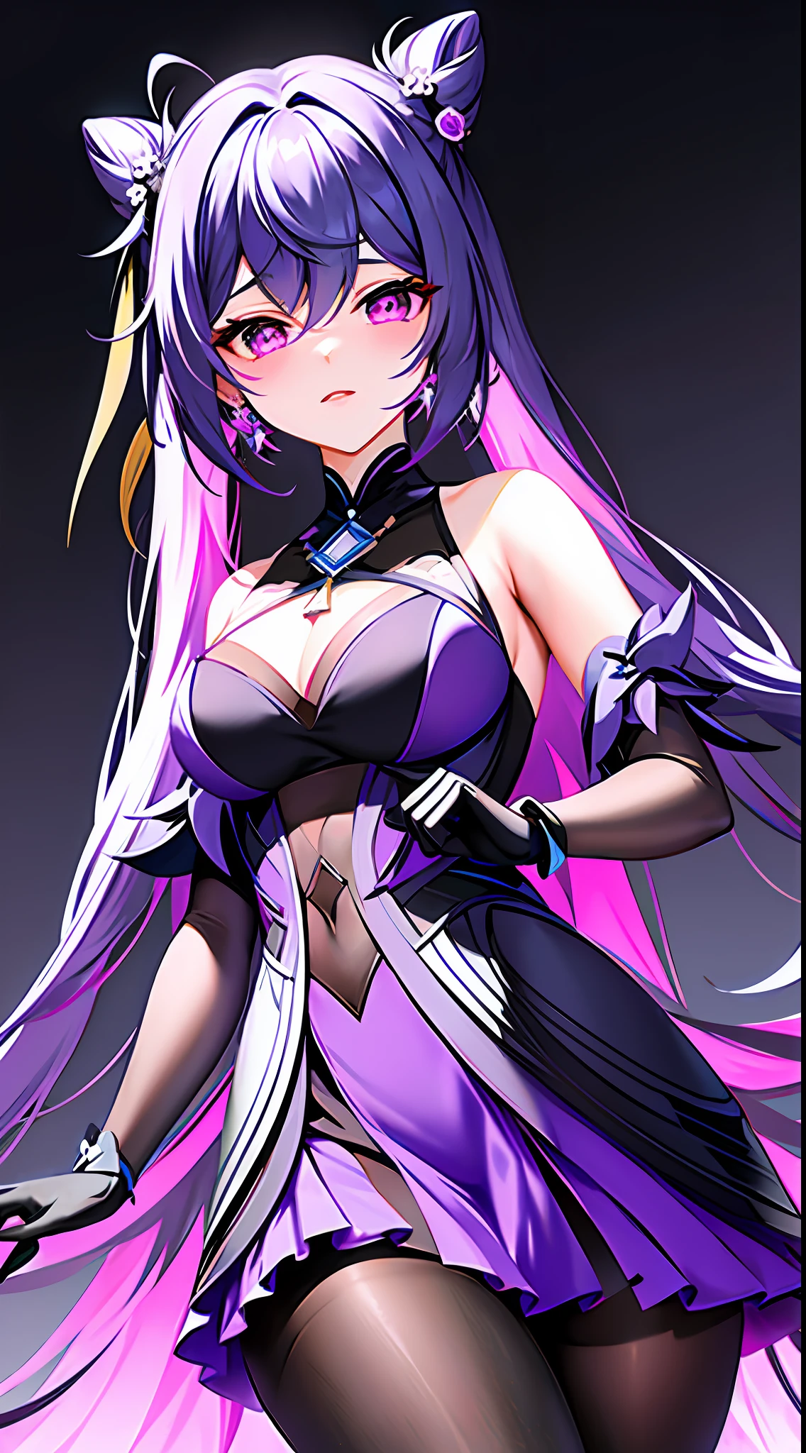 1girl, from_below, pantyhose, keqing (piercing thunderbolt) (genshin impact), keqing (genshin impact), black_pantyhose, hair bun, purple hair, gloves, twintails, long hair, purple eyes, diamond-shaped pupils, bare shoulders, hair ornament, black pantyhose, cone hair bun, detached sleeves,dress, jewelry, medium breasts, earrings, bangs, frills, purple dress, black gloves, braid, skirt,