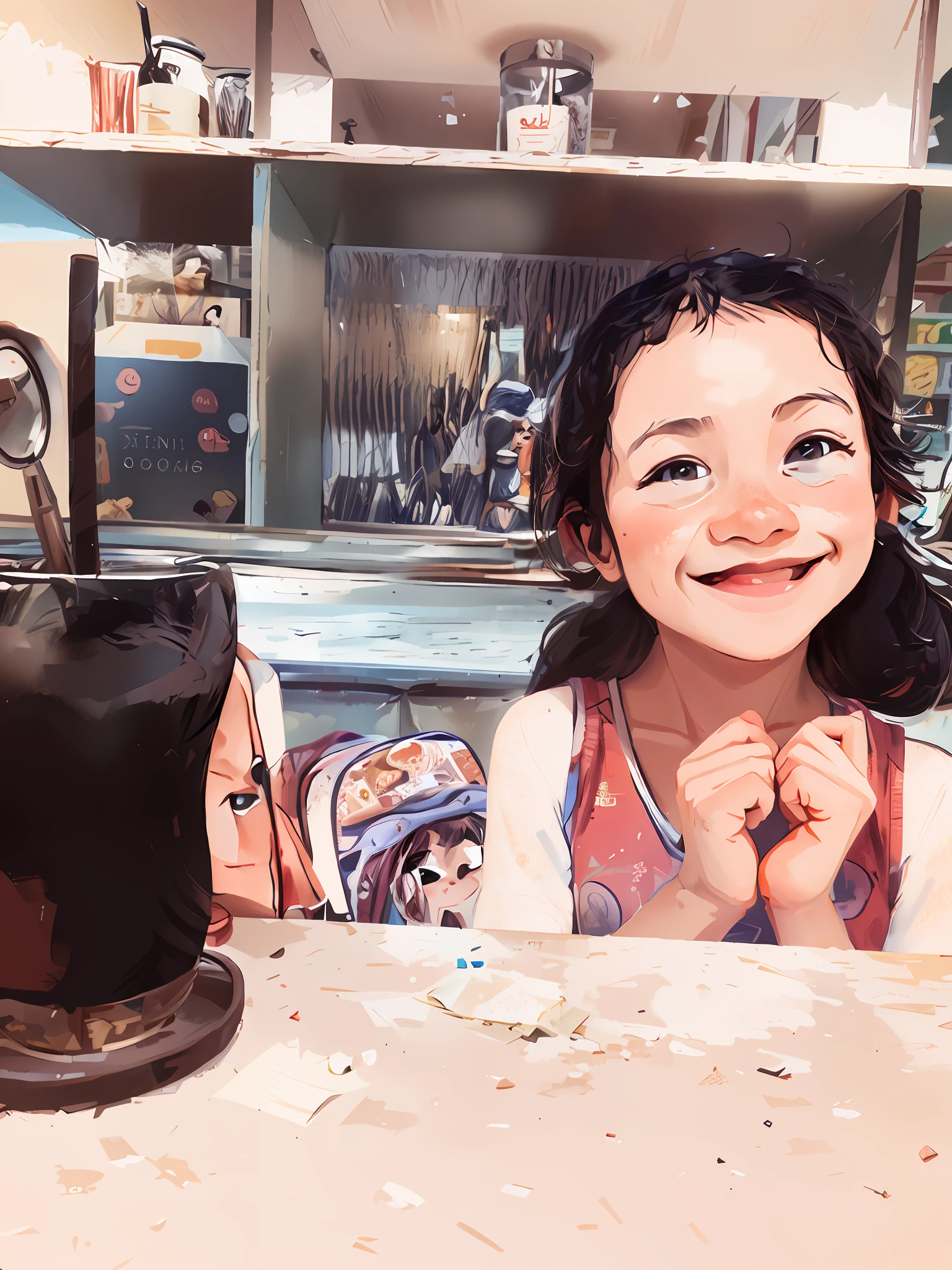 (morning), 1girl, solo, looking at viewer, restaurant, cowboy shot, smile, black hair