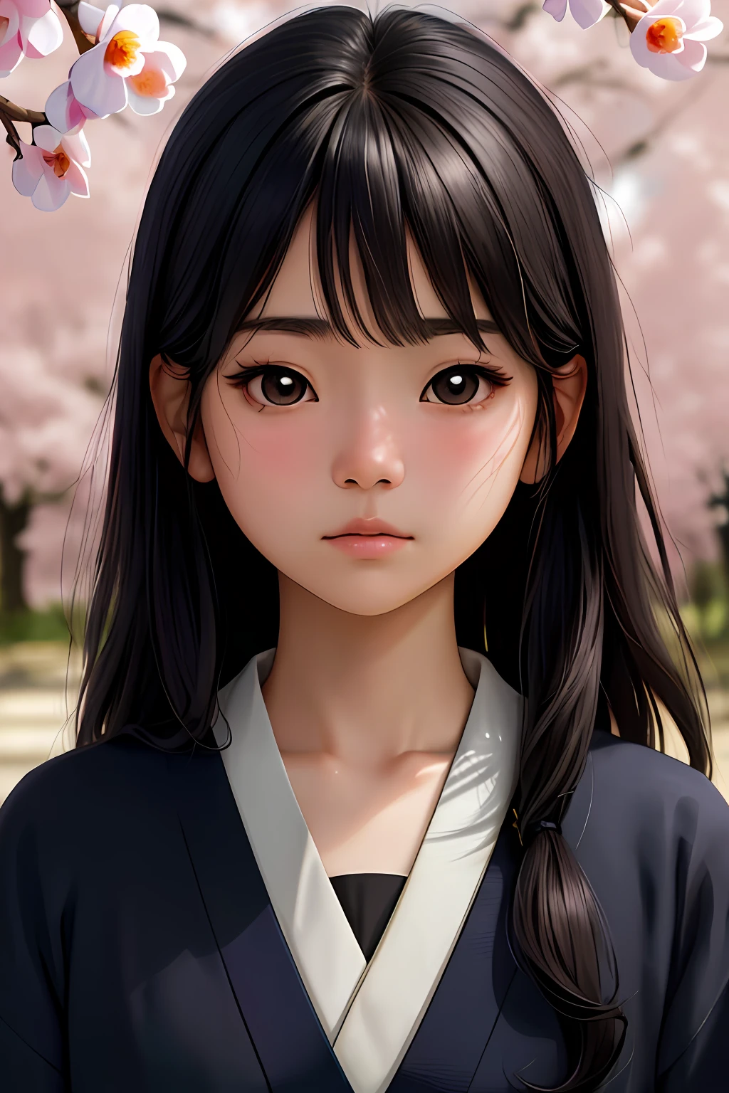 Turn the image into an avatar masterpiece, japanese girl, traditional japanese student clothes with tie, stunning young woman, square face, very soft light peach lips, thin lips, sad face, tan skin, detailed symmetric black eyes with circular iris, extremely detailed skin texture, peach fuzz, realistic, live action, photograph, above the waist, very cute, beautiful face, well groomed face, beautiful eyes, sided bangs, very cute, remove eyebrows, perfect anatomy, (black eyes), black wavy hair, 8k resolution, human hands, highly detailed, smooth, stunningly beautiful, detailed hairstyle, sad japanese eyes, blossom trees in the background