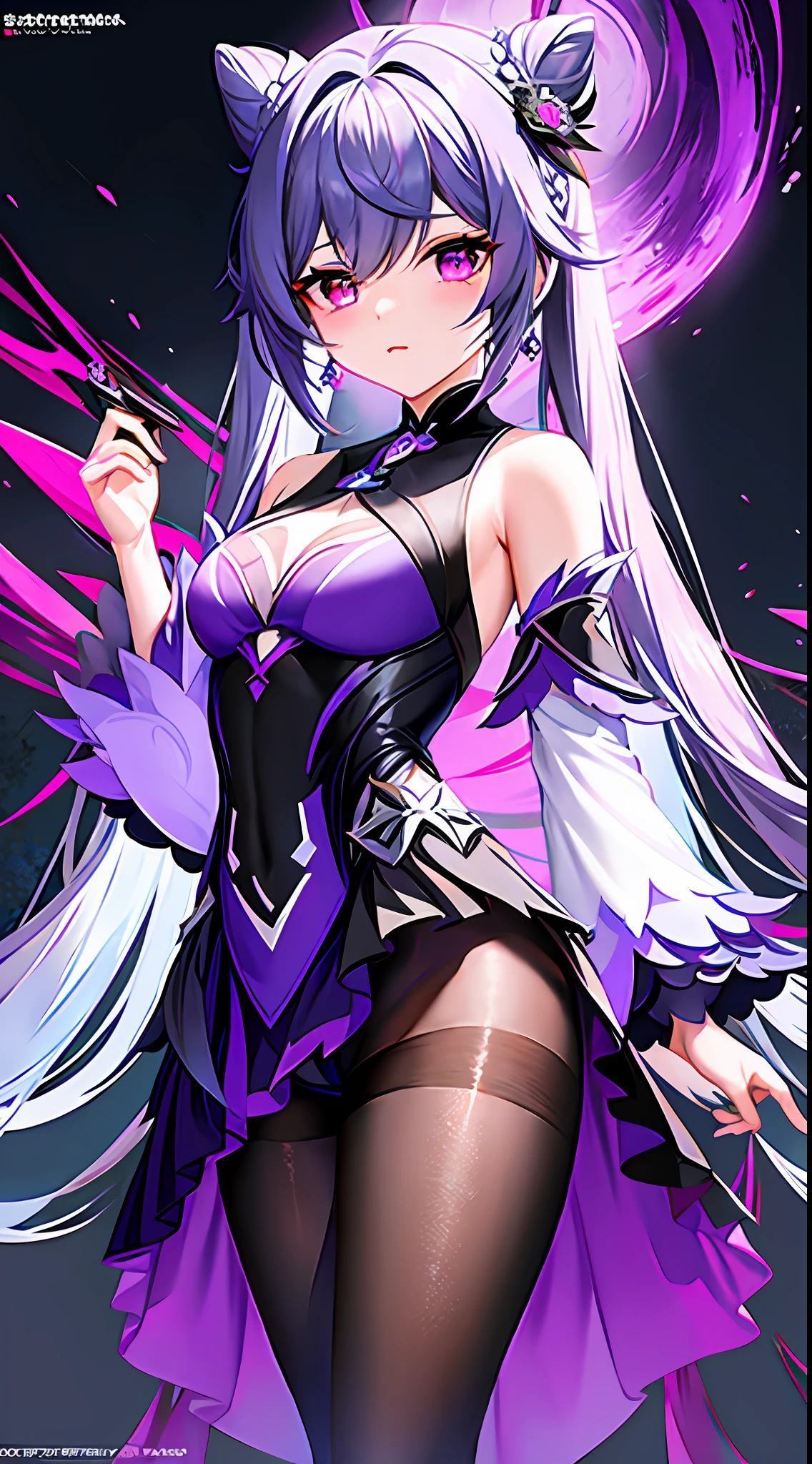 1girl, from_below, pantyhose, keqing (piercing thunderbolt) (genshin impact), keqing (genshin impact), black_pantyhose, hair bun, purple hair, gloves, twintails, long hair, purple eyes, diamond-shaped pupils, bare shoulders, hair ornament, black pantyhose, cone hair bun, detached sleeves,dress, jewelry, medium breasts, earrings, bangs, frills, purple dress, black gloves, braid, skirt,