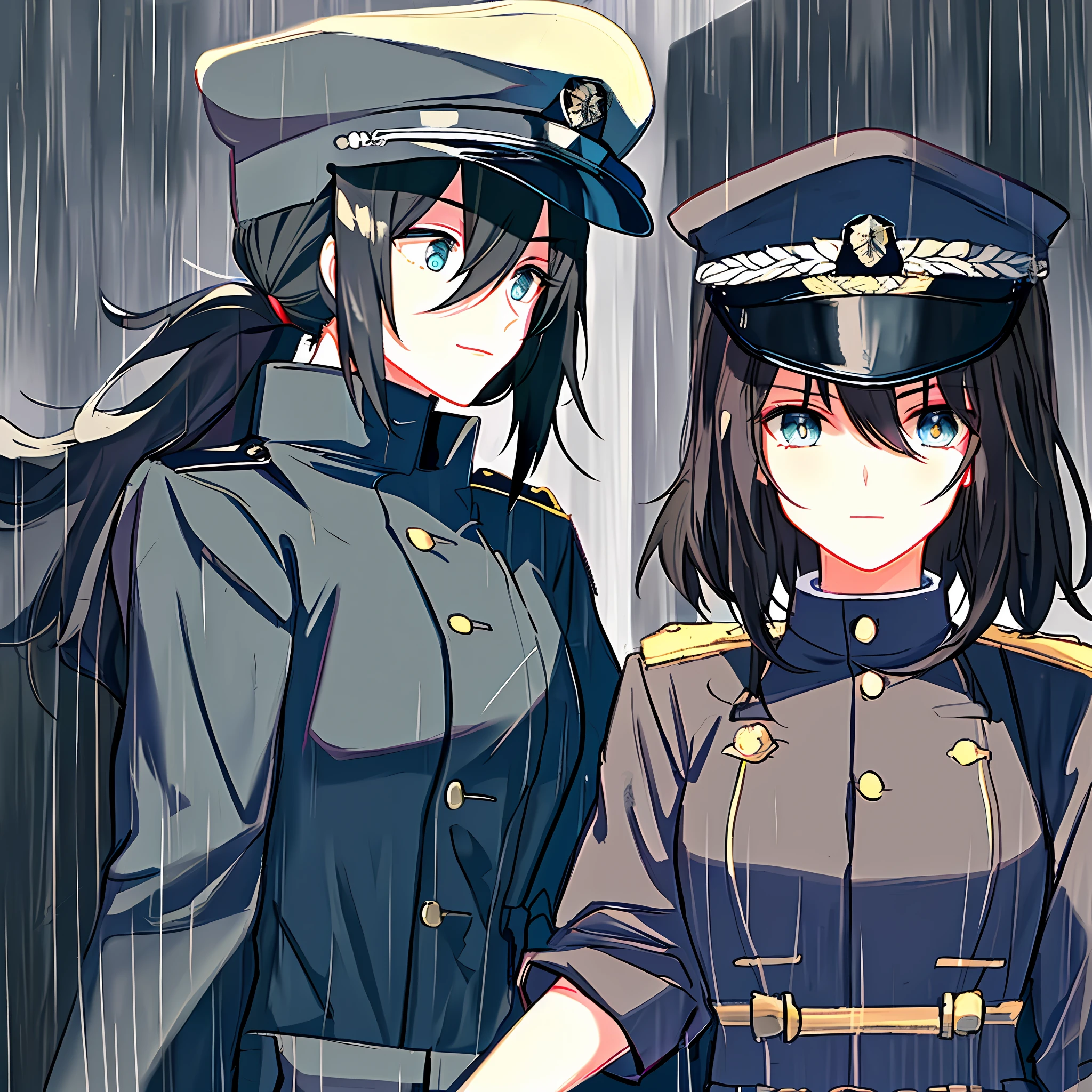 Female officer, side face, black coat, military cap, serious, rainy, cold, black hair