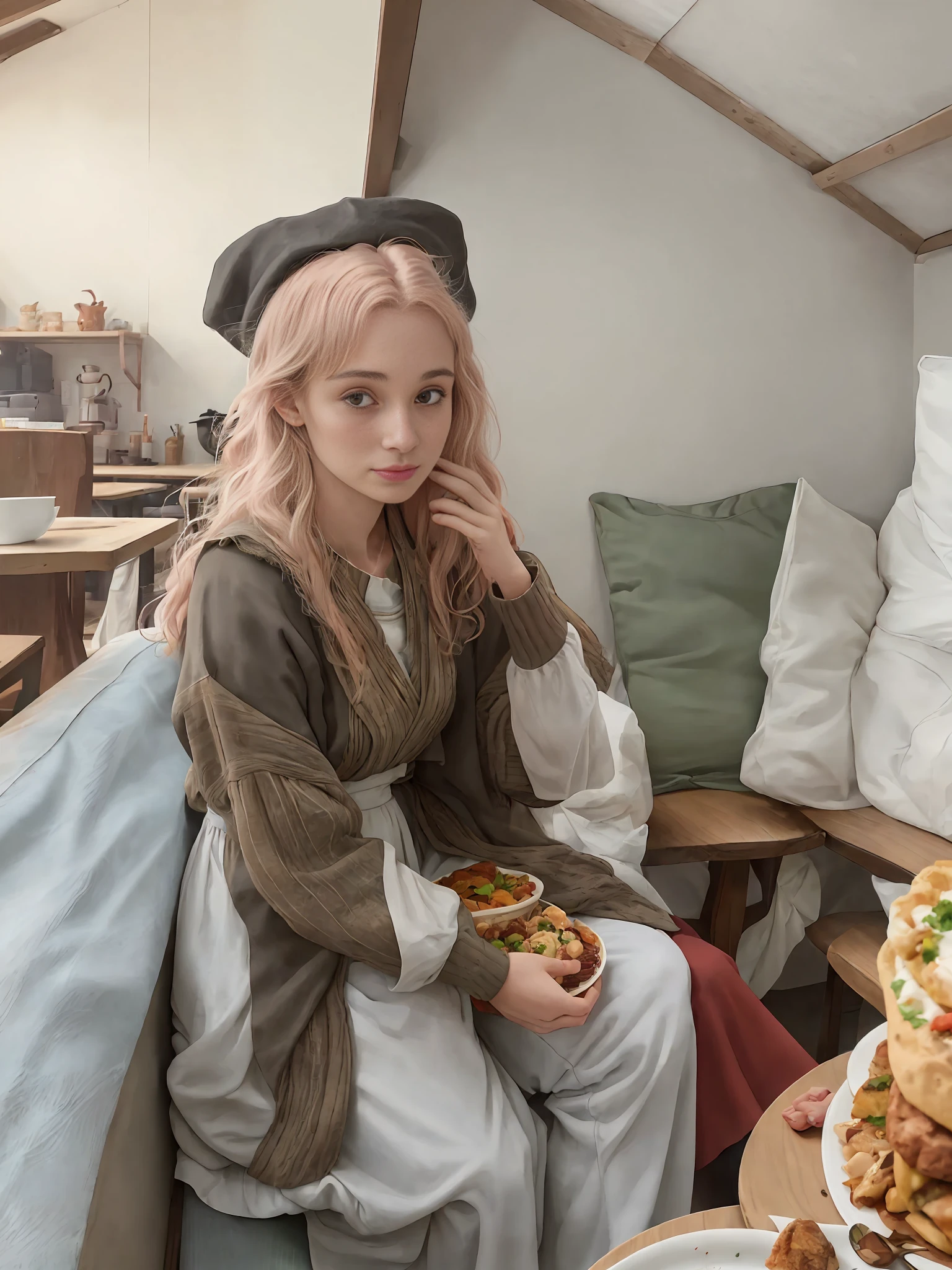 there is a woman sitting at a table with a plate of food, very very low quality picture, very very low quality, looking to the side off camera, ayahausca, 3 0 years old woman, 30 years old woman, taken in the early 2020s, 2 9 years old, by Nándor Katona