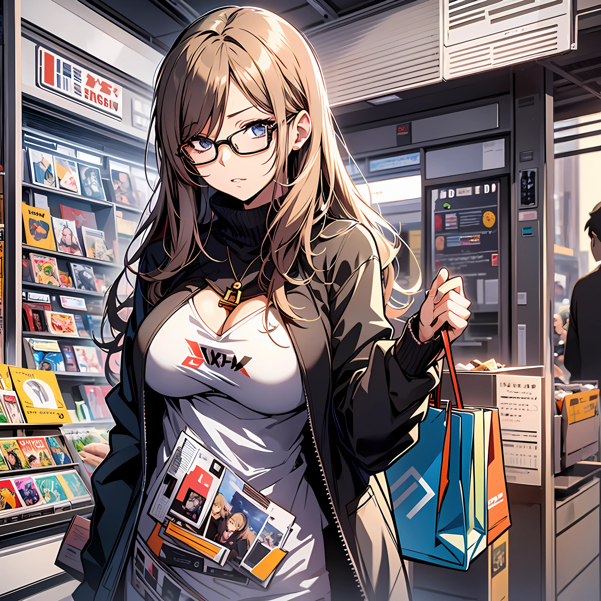 anime style beautiful women, solo woman, shopping, flat vector art, upper body, glasses, big breast, face, viewfinder, illustration, concept art, anime, key visual, trending pixiv fanbox