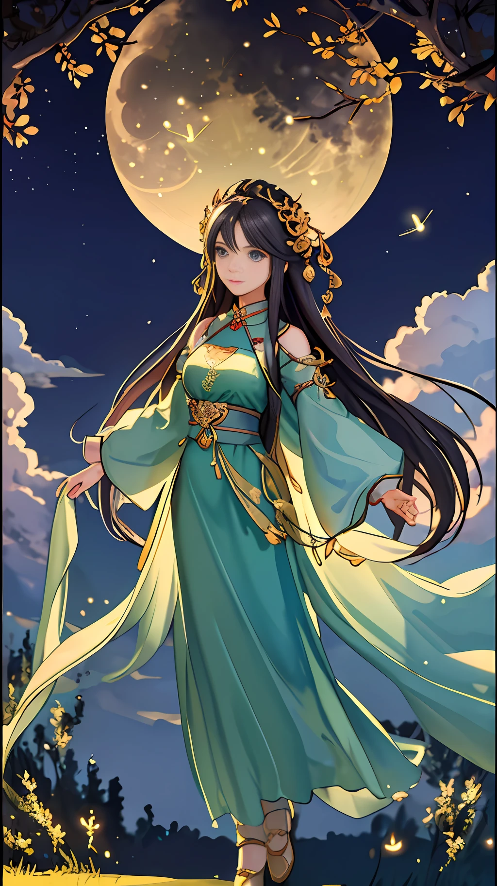 Masterpiece, best quality, night, hills, clouds, full moon, long hair, woman, silhouette, fireflies, diaphragm.