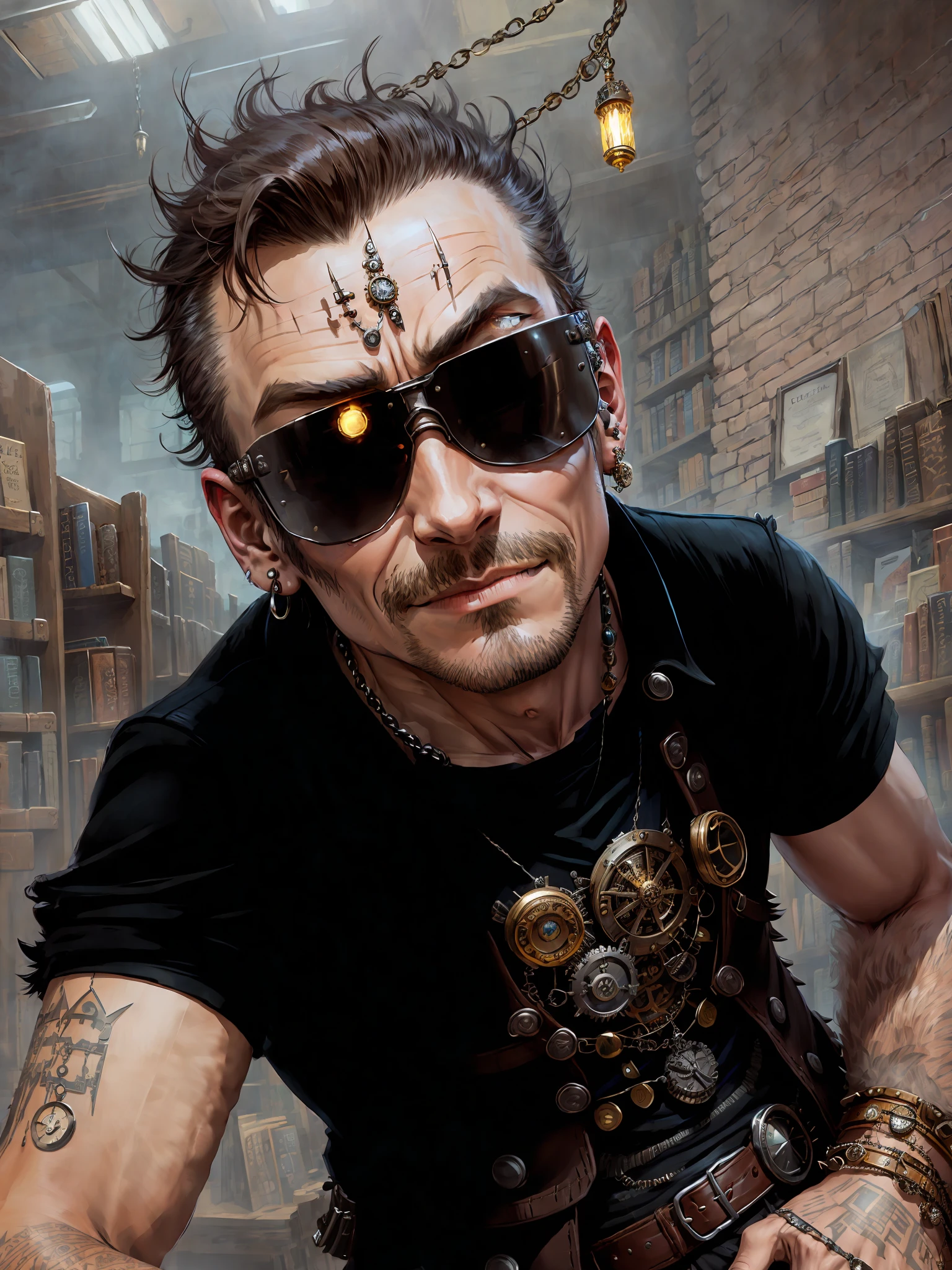 steampunkai, steampunk, slightly smiling man inside small bookstore, spiked bracelet, earrings, bracelets, chains, shirt, vest, leather belt